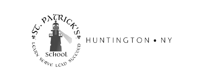 Logo for St. Patrick's School in Huntington, NY, featuring a lighthouse surrounded by the motto 'Learn, Serve, Lead, Succeed.'