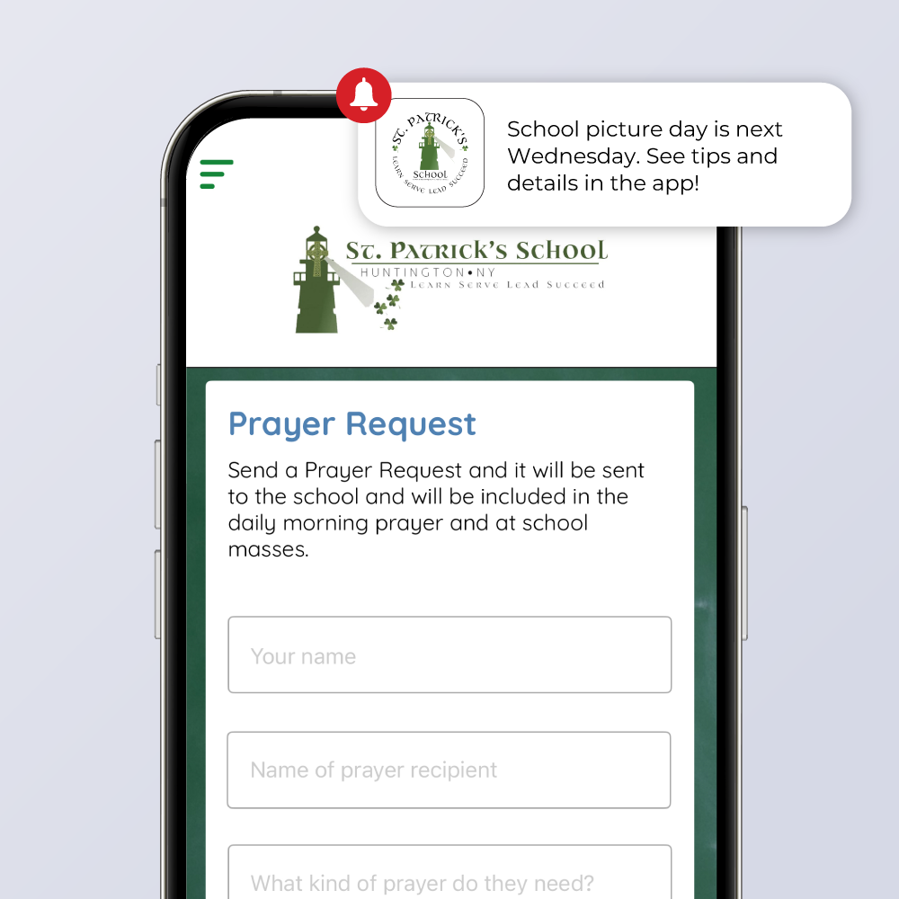 Mobile app communication showing a push notification and prayer request. 