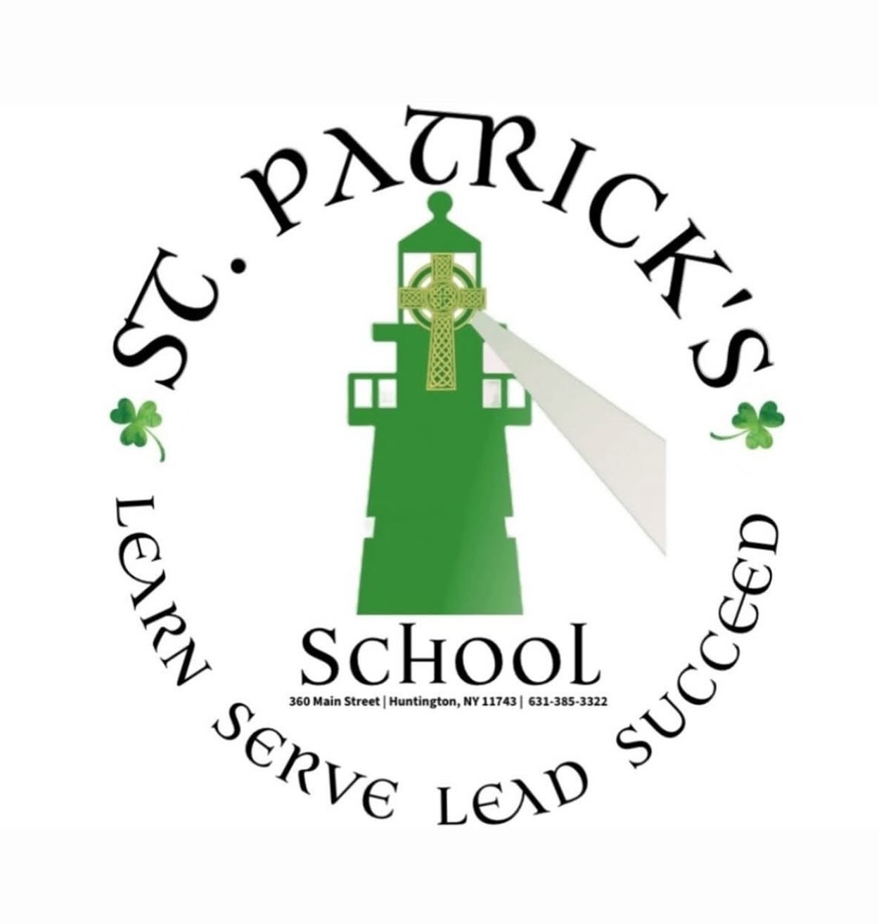 Logo of S.C. Patrick's School featuring a green lighthouse with gold Celtic cross and shamrocks, surrounded by the motto 'We Serve Lead Success' and school information at the bottom.