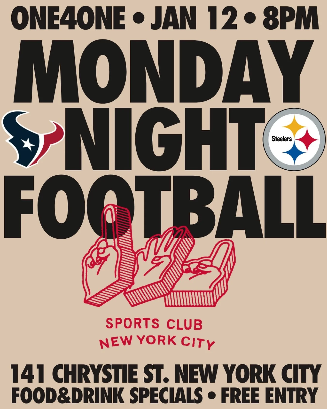 Monday Night Football for all!! 🏈 

Watch Texans vs. Steelers this Monday night, 8pm at One4One.