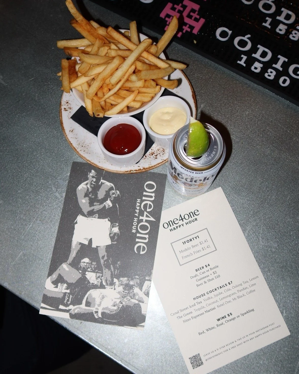 THE HAPPIEST 1FORTY1 YOU&rsquo;LL SPEND ALL WEEK. Modelos and fries for $1.41, Monday through Friday from 5 to 7pm.