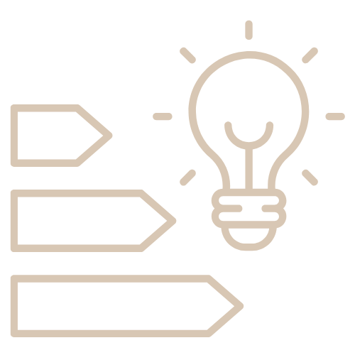 Line drawing of a light bulb with three arrows pointed to it from the left.