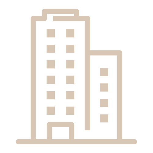 Outline of two tall office buildings, one taller than the other, with multiple windows on each.