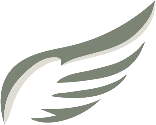 Stylized wing logo in shades of gray and white.