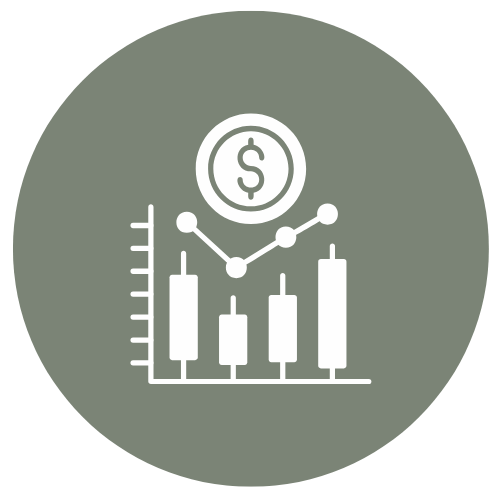 Gray circular icon showing a financial chart with a rising line graph over bar graphs and a dollar sign above.