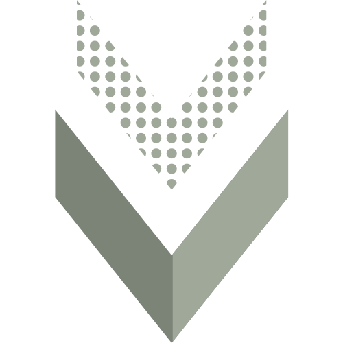 A stylized, monochrome logo design featuring a downward pointing arrow with a dotted pattern at the top and a solid V shape at the bottom.