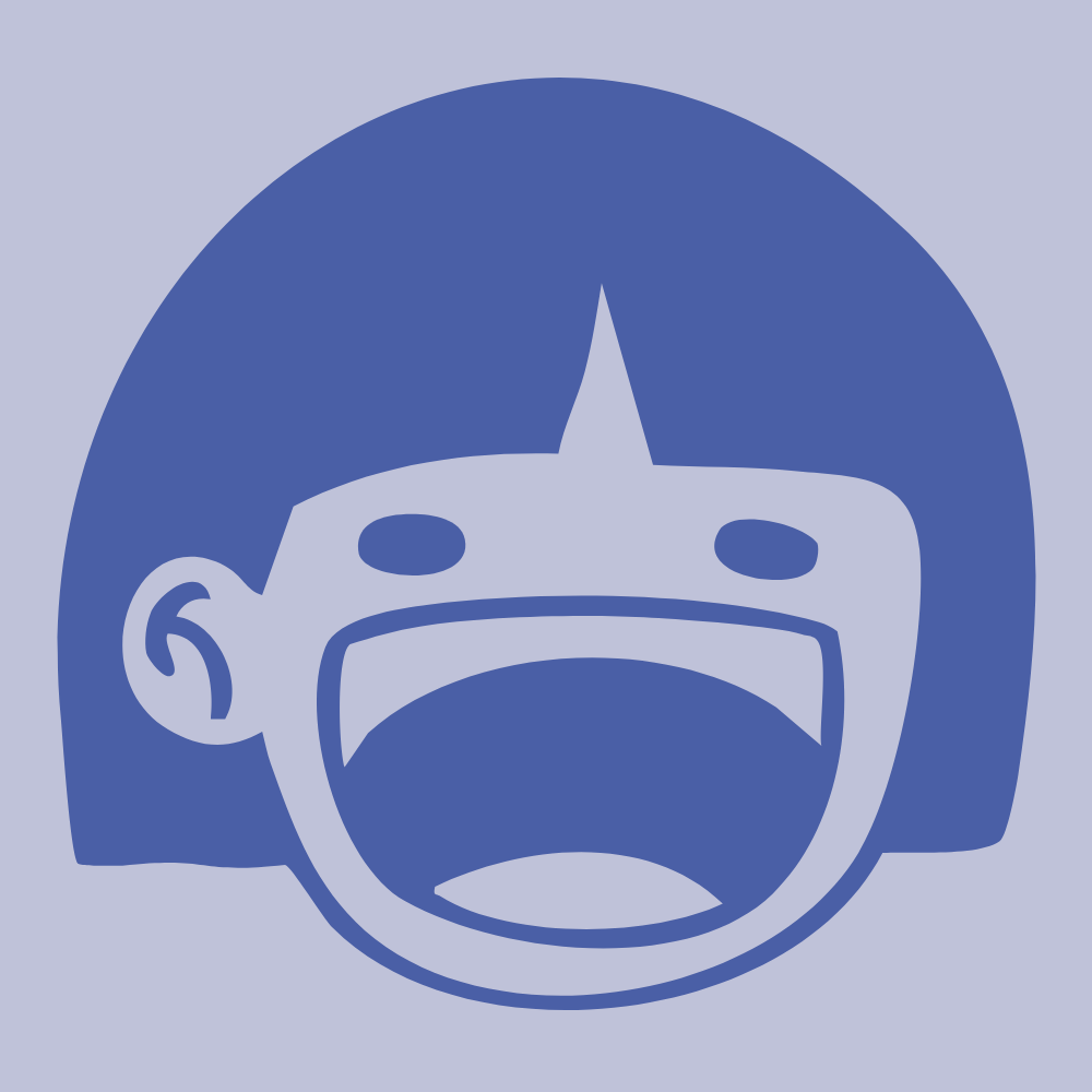 An illustrated cartoon face of a girl with an open-mouthed, smiling expression, short dark hair, and a prominent tuft of hair on top.