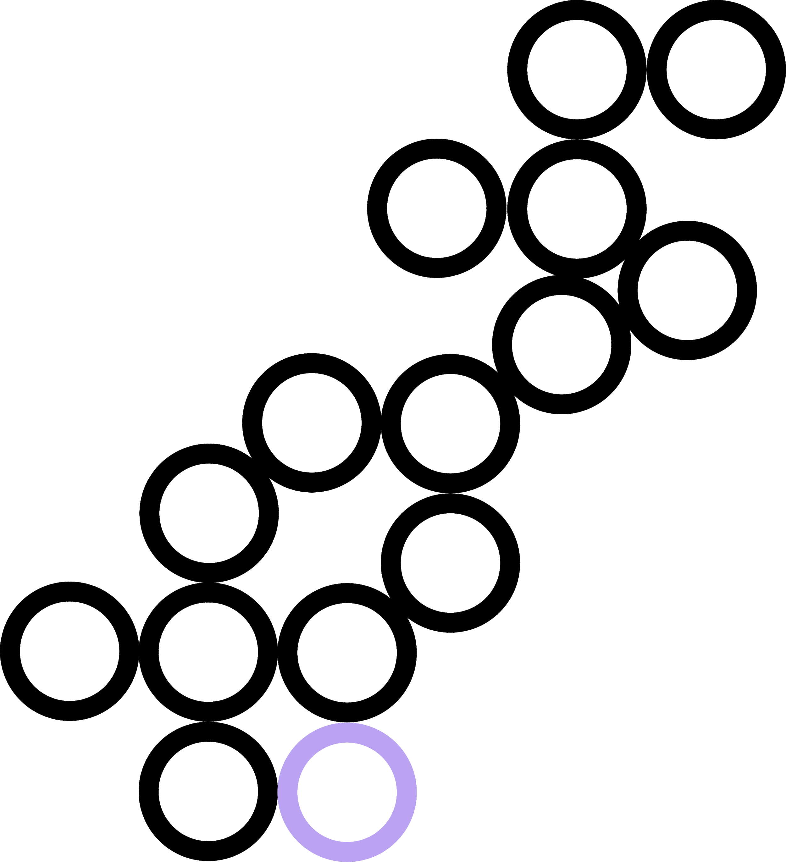 Graphic showing a network of interconnected circles with one circle filled in purple at the bottom.