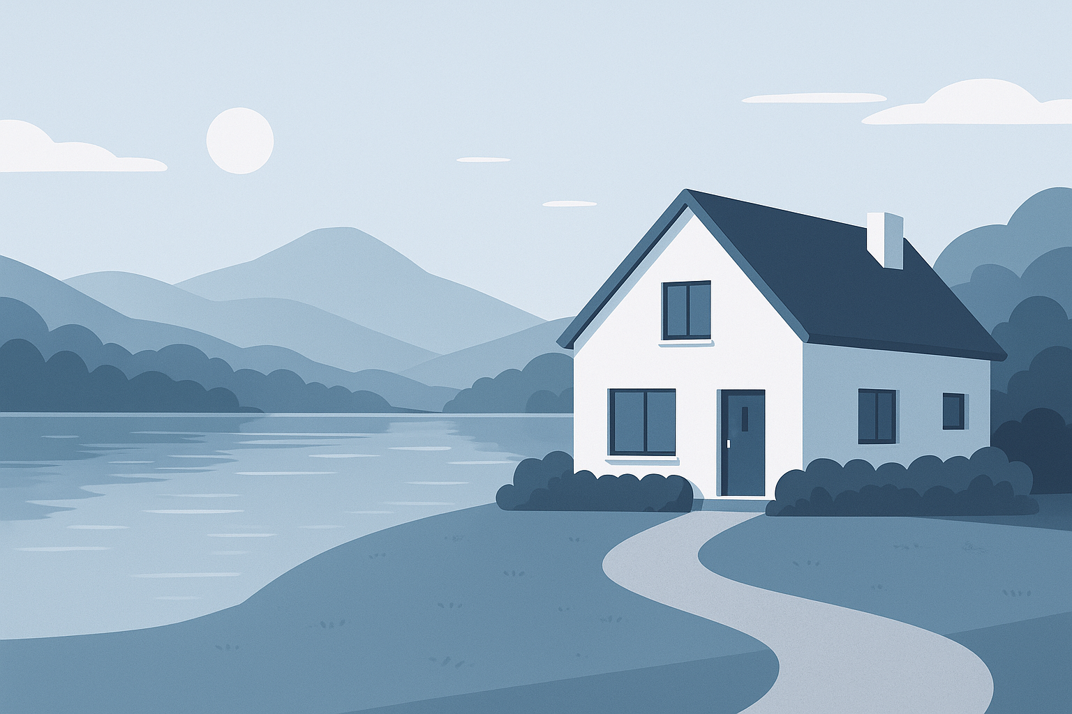 A digital illustration of a white house with a dark roof situated near a body of water, with mountains and trees in the background, under a sunlit sky with a few clouds.