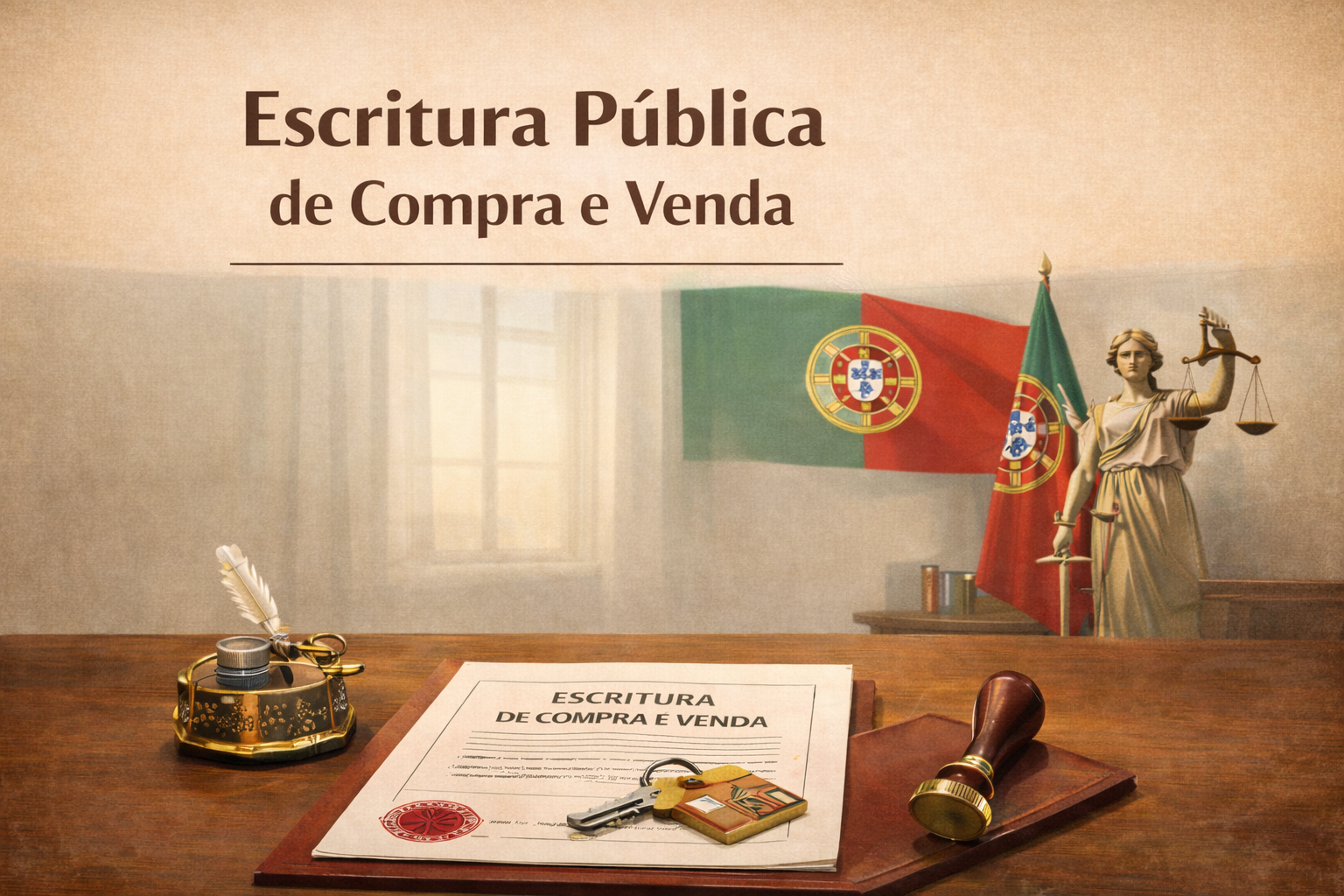 An official document titled 'Escritura de Compra e Venda' on a wooden desk, with a set of keys, a stamp, and a small book. In the background, a Portuguese flag and a statue of Lady Justice holding scales and a sword are visible, with a window providing natural light.