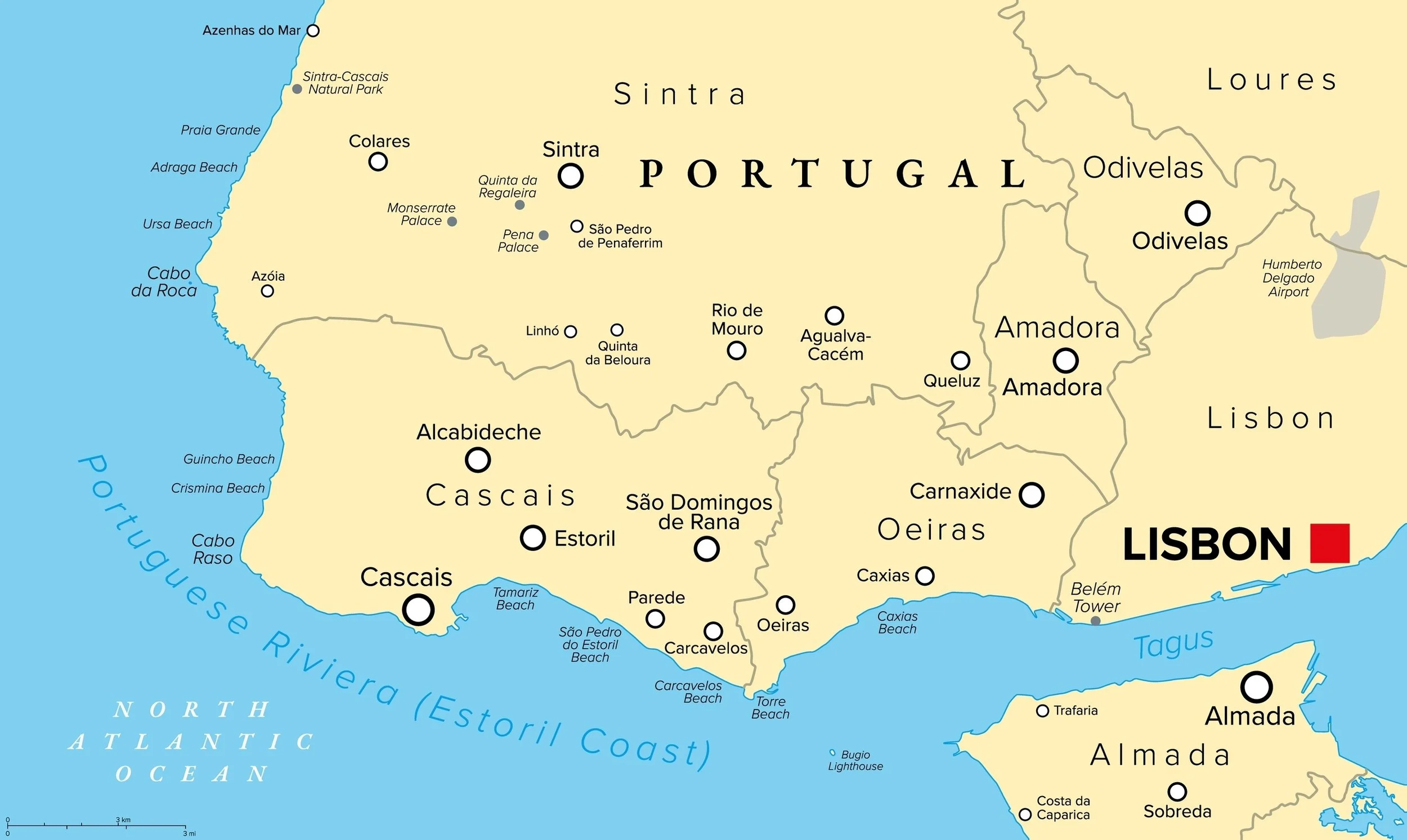 Map of Portugal showing major cities, beaches, and geographic features, with the country outlined and labeled.