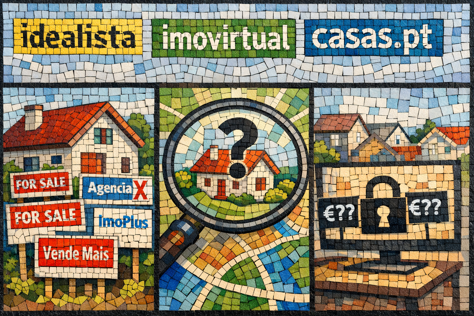 Mosaic illustrating some of the issues faced by Expats buying property in Portugal