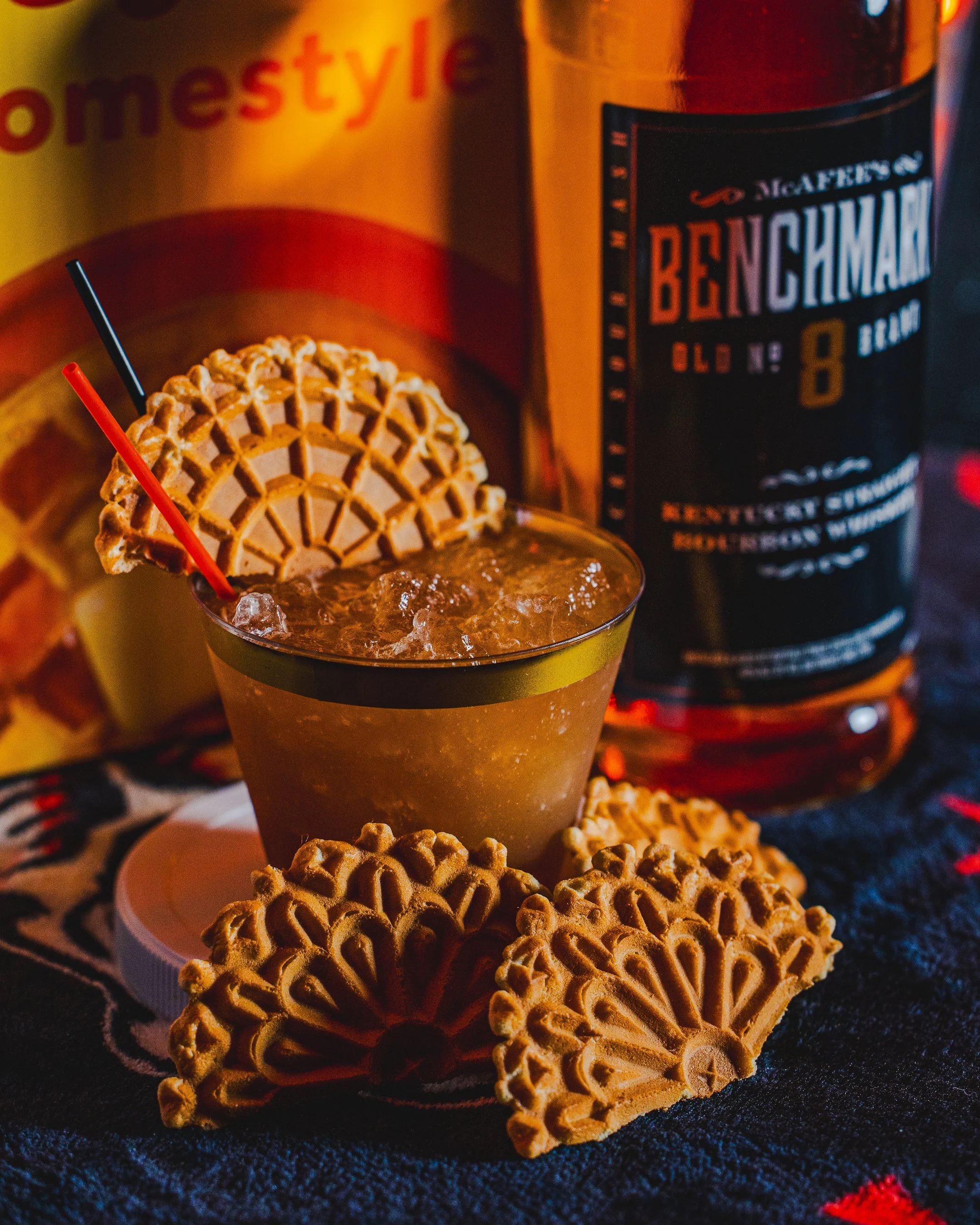 Eggo After Hours This classic old fashioned build finds new life with Eggo infused Buffalo Trace Distillery Benchmark Bourbon, maple syrup, and chocolate bitters.   With a buttery, mildly sweet, and spiced taste profile, this is surely better than br