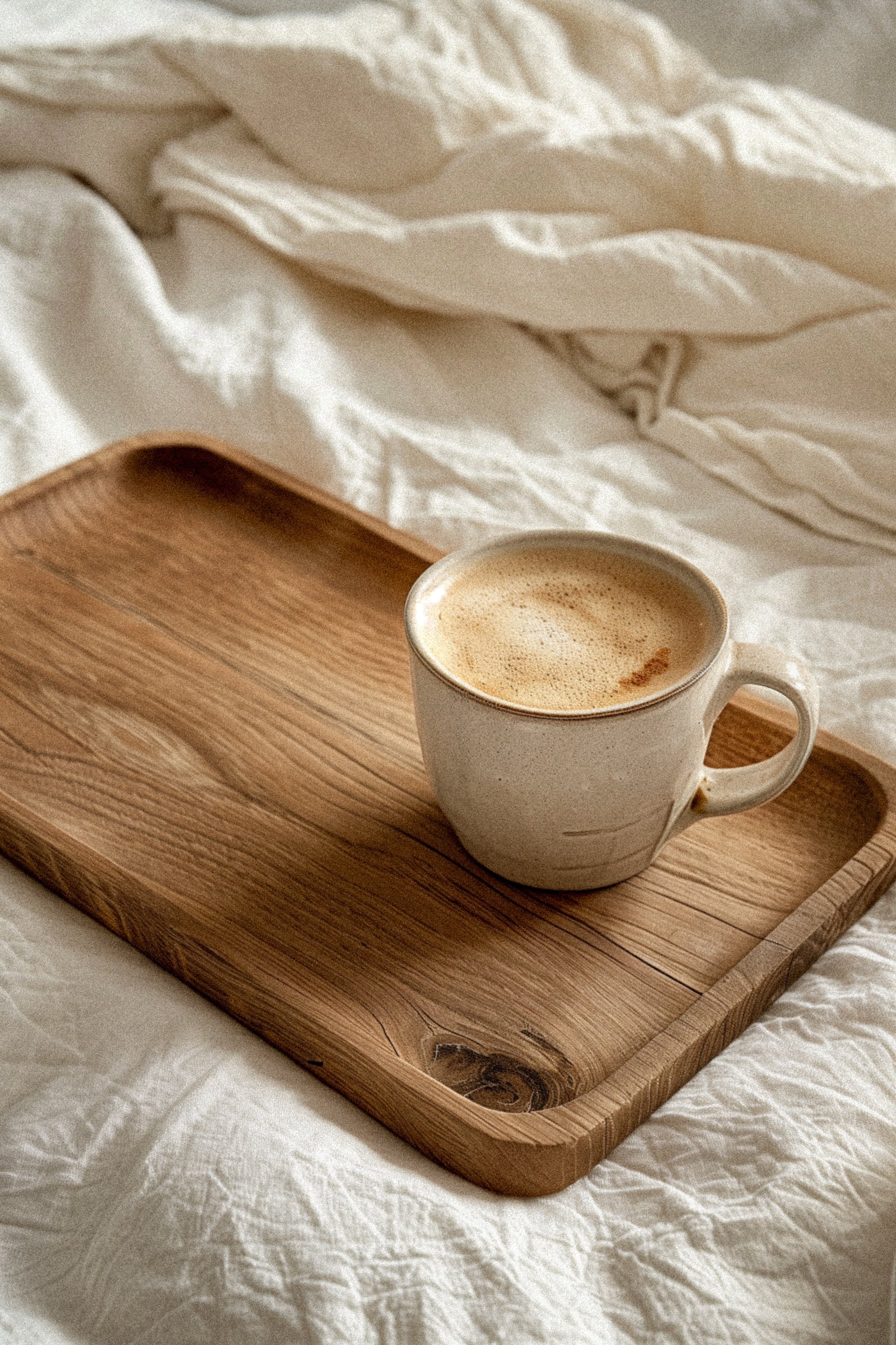 A white mug filled with foamy coffee on a wooden tray, placed on a white bed with rumpled sheets.
