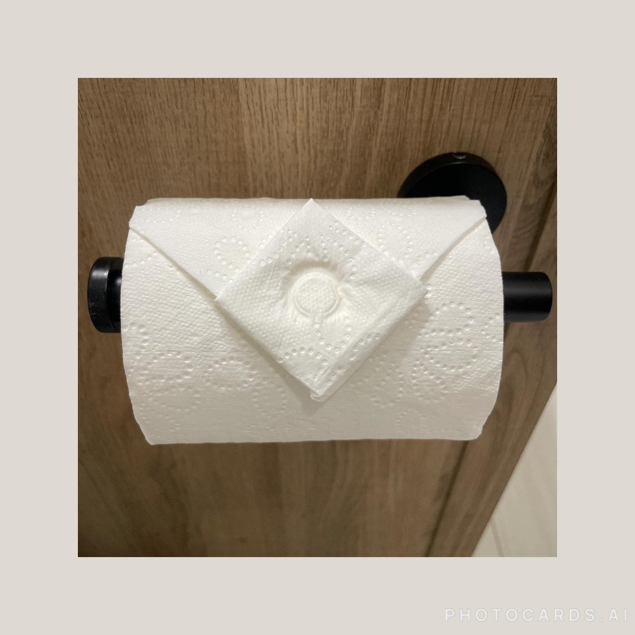 Toilet paper roll with an extra sheet folded on top, mounted on a wooden wall.