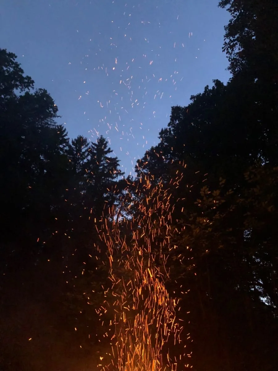 Sparks flying into the sky over a dark wooded area during twilight or night.