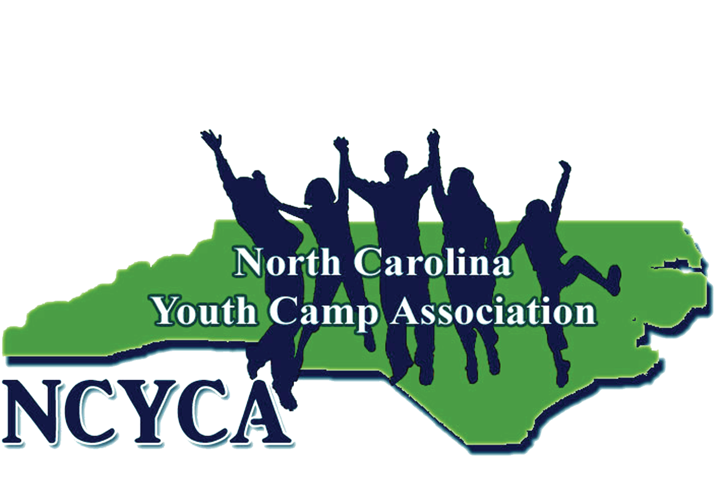 Logo of North Carolina Youth Camp Association with a green outline of North Carolina and silhouettes of five youth jumping with arms raised, overlaid with the text "North Carolina Youth Camp Association" and the initials "NCYCA" at the bottom.