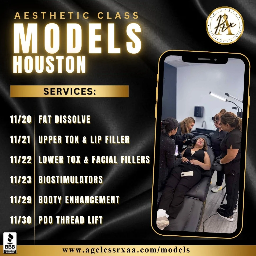 📣 Houston Aesthetic Class Models! Get holiday ready at a discount! Treatments for Neurotoxins, Dermal Fillers, Fat Dissolve, Biostimulators and PDO Threads.

All at a fraction of the retail med spa price! 💸✨ Save an average of 40-50%! 🎯 We only us
