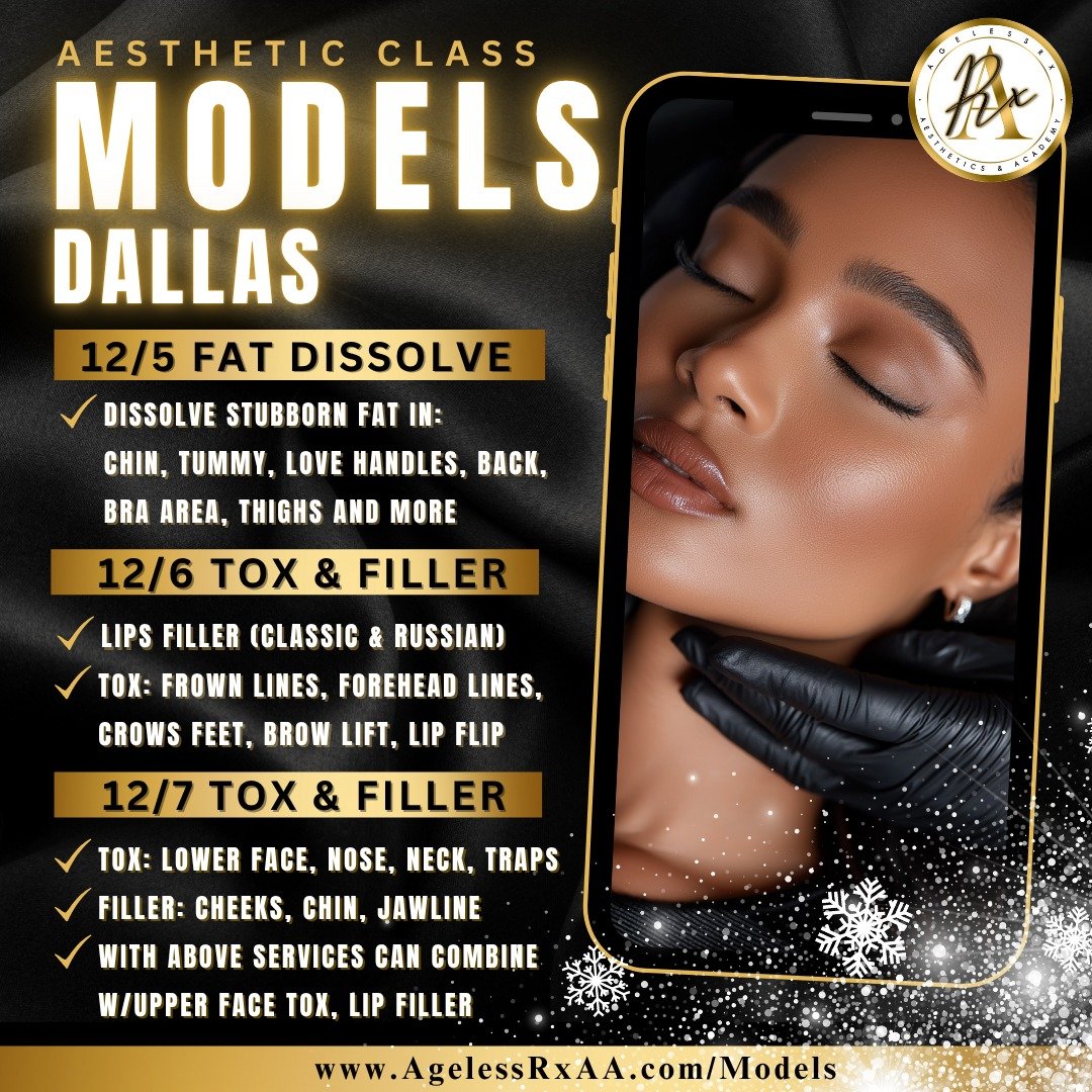 🌟DALLAS Aesthetics Class Models! &mdash; Get holiday ready at a discount! Last stop before the new year! 🌟

Get gorgeous lips 💋, enhanced cheeks, chin, and jawline with facial fillers 💉, plus a refreshed, smooth upper and lower face with Botox 💉