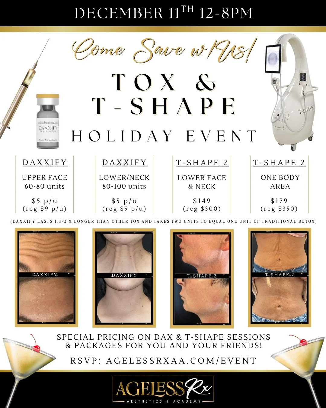 🎉Join us for a Tox &amp; T-Shape 2 Holiday Event in Houston! Celebrate the season with our biggest discounts of the year on our Tox (Daxxify) &amp; T-Shape treatments. Enjoy exclusive offers on our signature procedures and be entered to win a fantas
