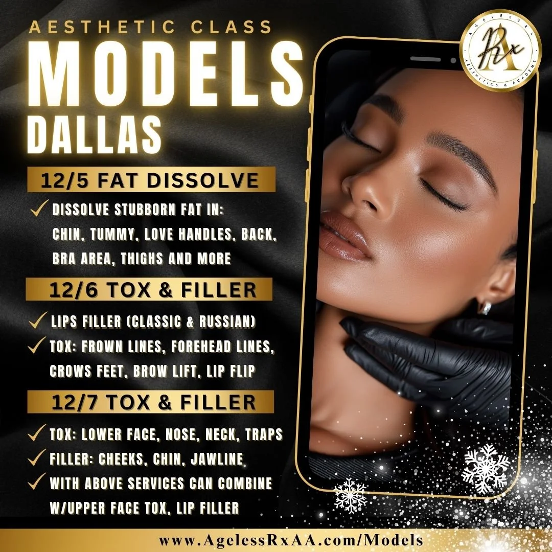 🌟DALLAS Aesthetics Class Models! &mdash; Get holiday ready at a discount! Last stop before the new year! 🌟

Get gorgeous lips 💋, enhanced cheeks, chin, and jawline with facial fillers, plus a refreshed, smooth upper and lower face with Botox &mdas