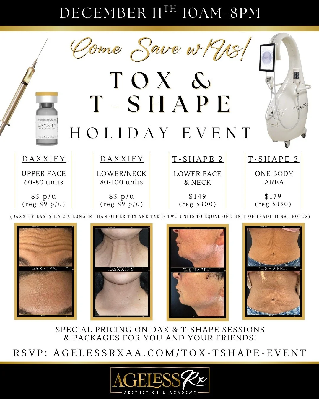 🎉We are almost completely booked! Join us for a Tox &amp; T-Shape 2 Holiday Event in Houston! Celebrate the season with our biggest discounts of the year on our Tox (Daxxify) &amp; T-Shape treatments. Enjoy exclusive offers on our signature procedur