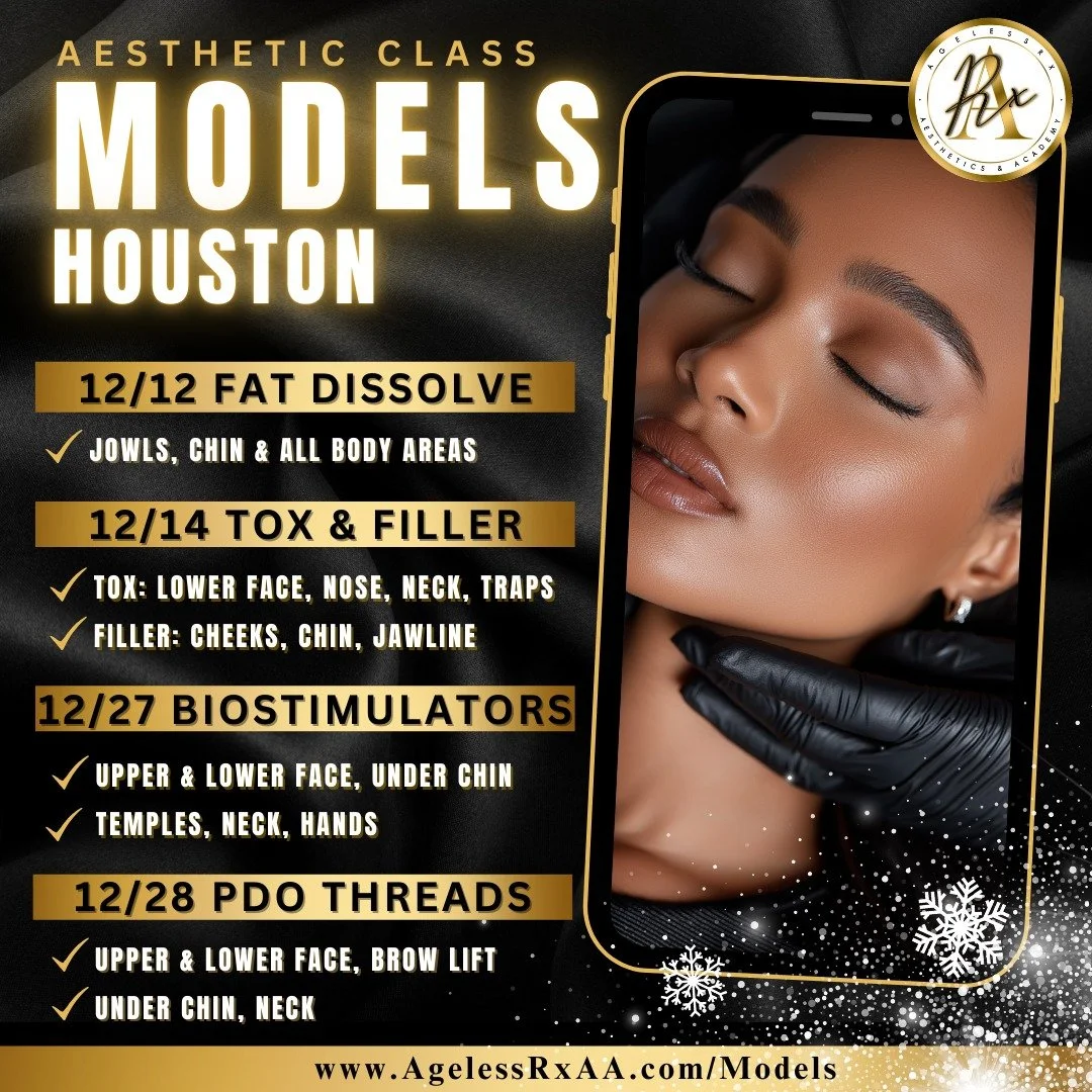 🌟HOUSTON Aesthetics Class Model Call for December! Neurotoxins, Dermal Fillers, Fat Dissolve, Biostimulators &amp; PDO Threads. All at a fraction of retail med spa price &mdash; save an average of 40&ndash;50%! 

📅Service Dates:
12/12 &mdash; Fat D