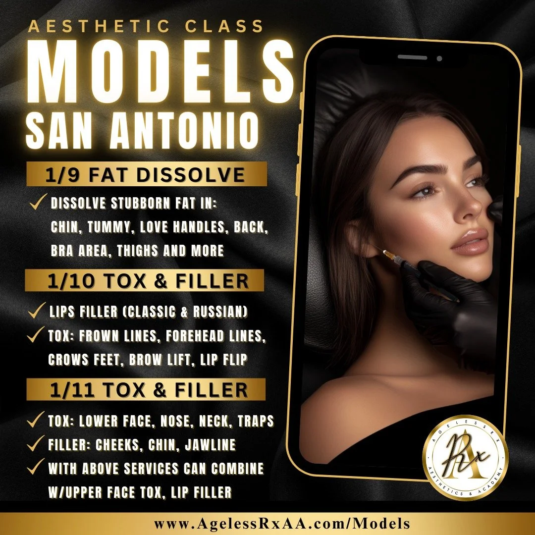 🌟 SAN ANTONIO Aesthetics Class &mdash; Models Needed! Enjoy injectable aesthetics services at a discount! 🌟

Get gorgeous lips 💋, enhanced cheeks, chin, and jawline with facial fillers 💉, plus a refreshed, smooth upper and lower face with Botox ?