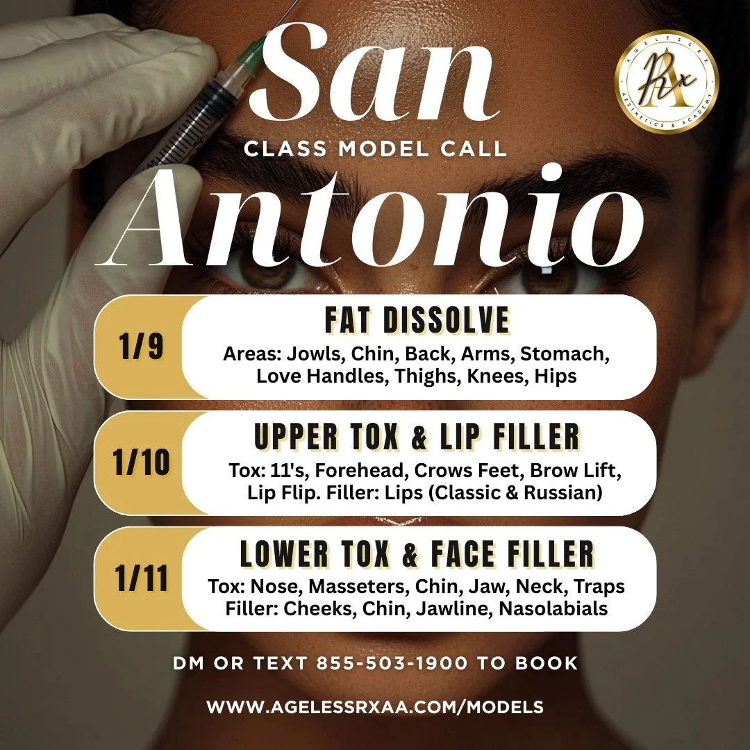 📣San Antonio Aesthetics Class Model Call this weekend 1/9-1/11!

Our November spots booked out FAST and we have just a few spots left for January! Don&rsquo;t wait&mdash;once these fill up, we won&rsquo;t be back until March.

Treatments available:
