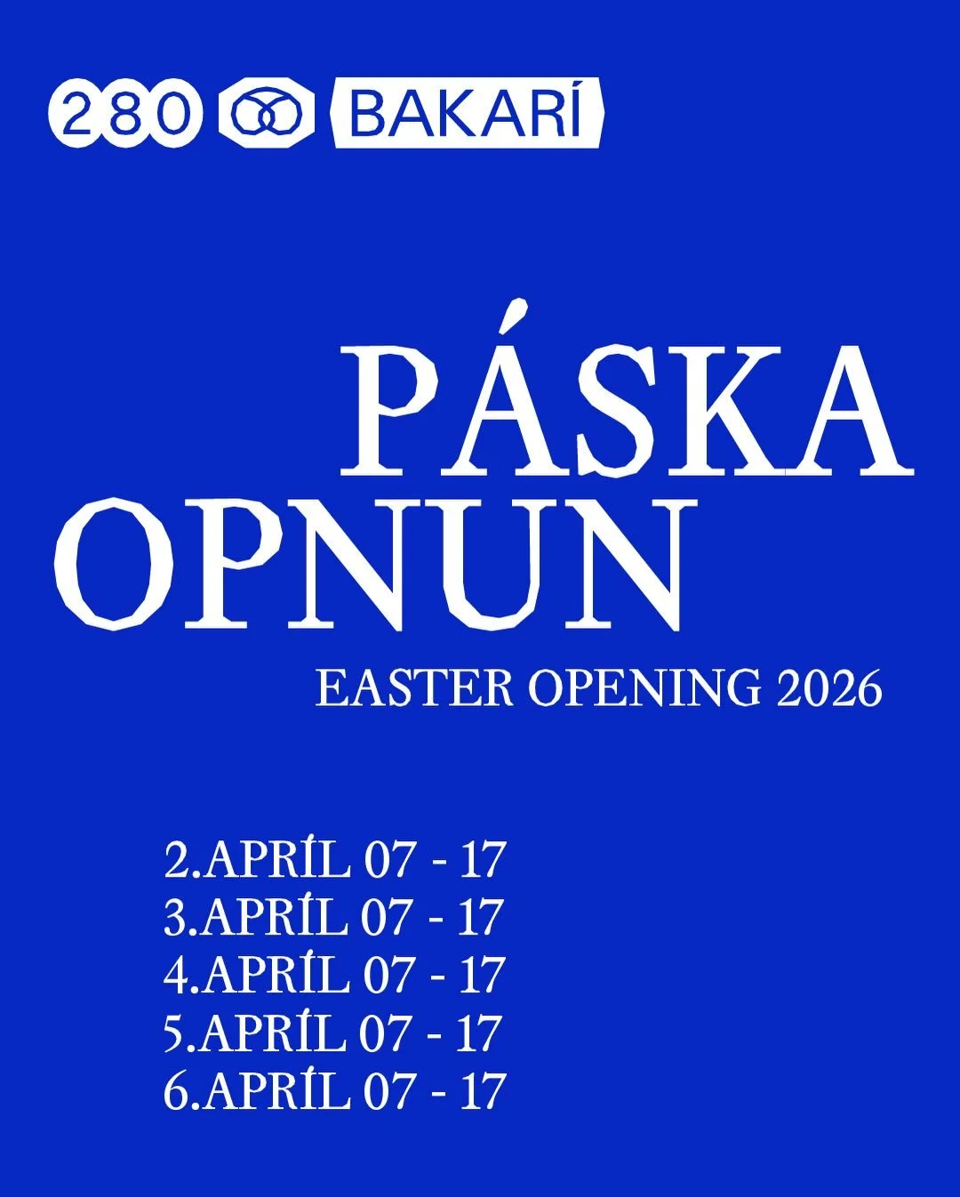 Vi&eth; erum me&eth; allt sem &thorn;&uacute; &thorn;arft um p&aacute;skana, hvort sem &thorn;a&eth; er morgunbakkelsi&eth;, eitthva&eth; &aacute; veislubor&eth;i&eth; e&eth;a kaffibolli &aacute; b&aelig;jarr&ouml;ltinu.
.
Opi&eth; alla p&aacute;skan