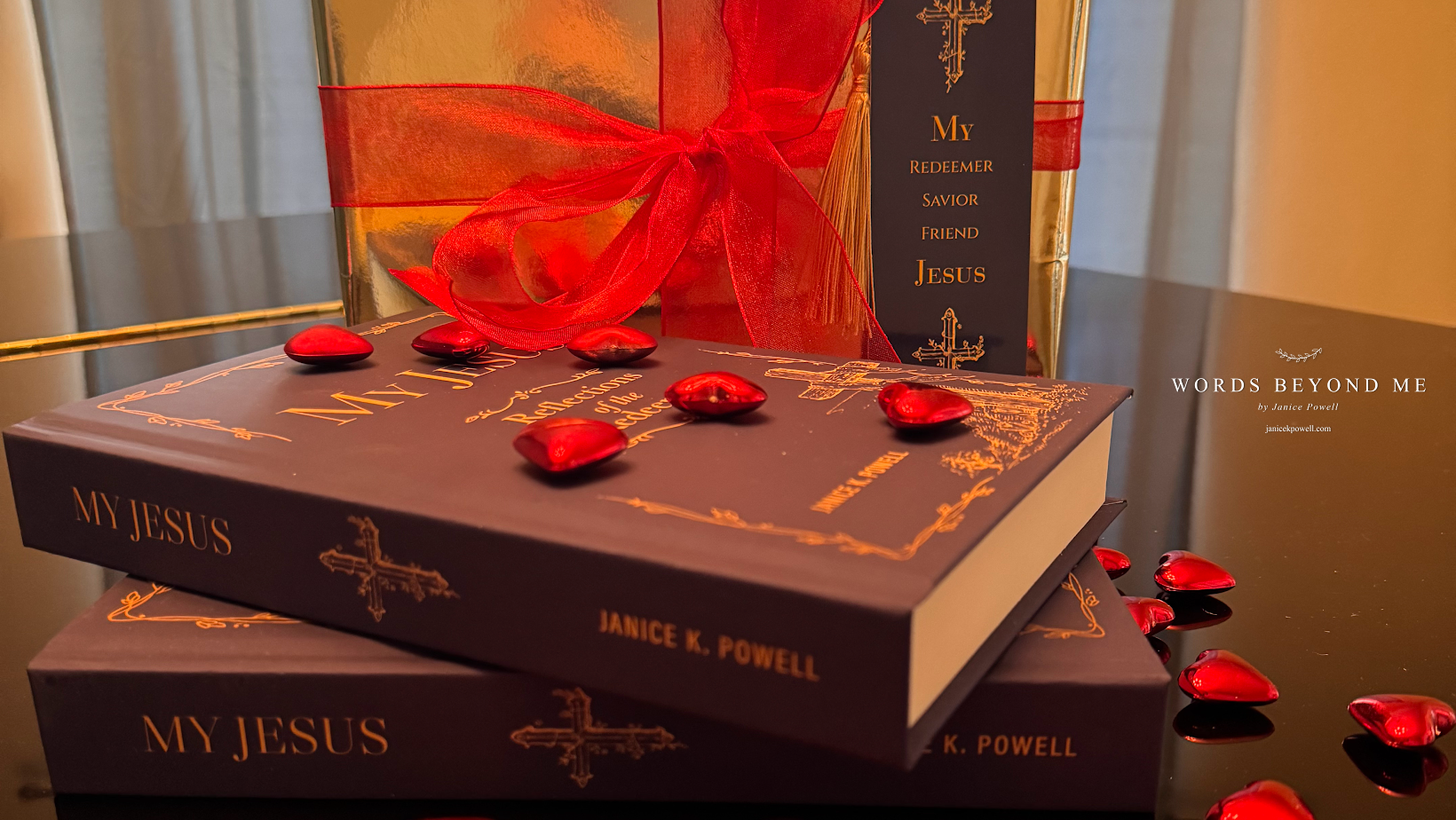 Gold wrapping paper with red ribbon