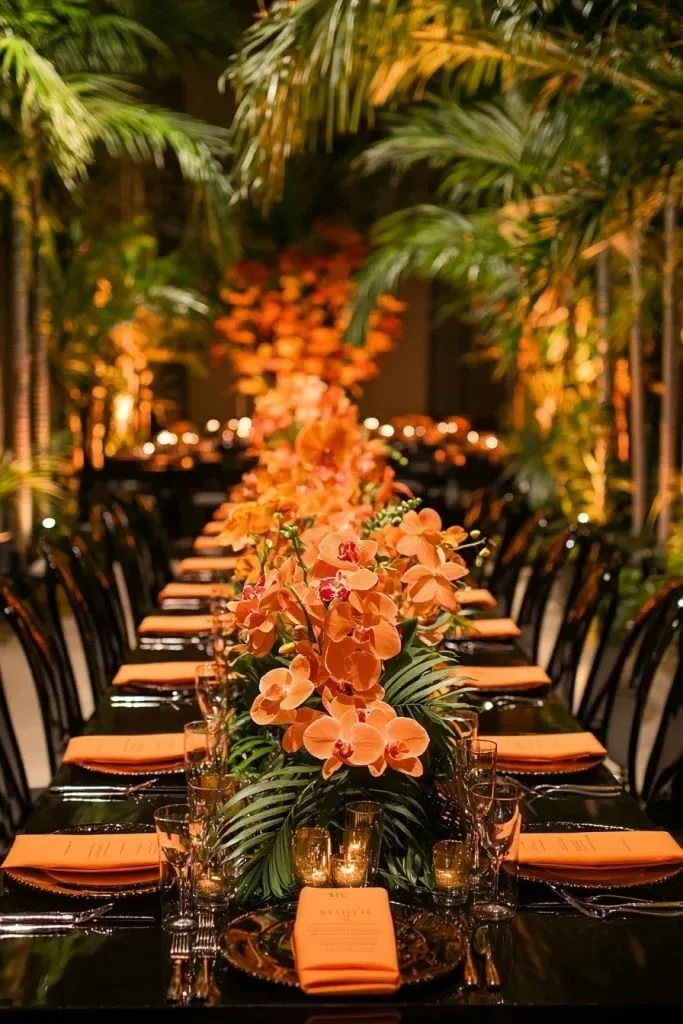 Black and orange tablescape with sculptural floral….jpeg