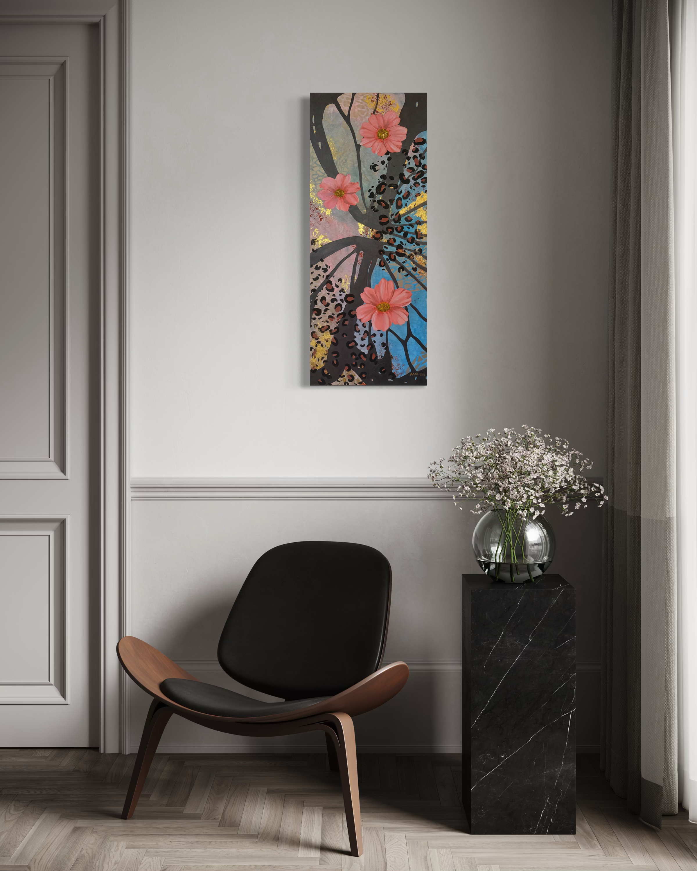 original abstract painting with soft florals and bold pattern
