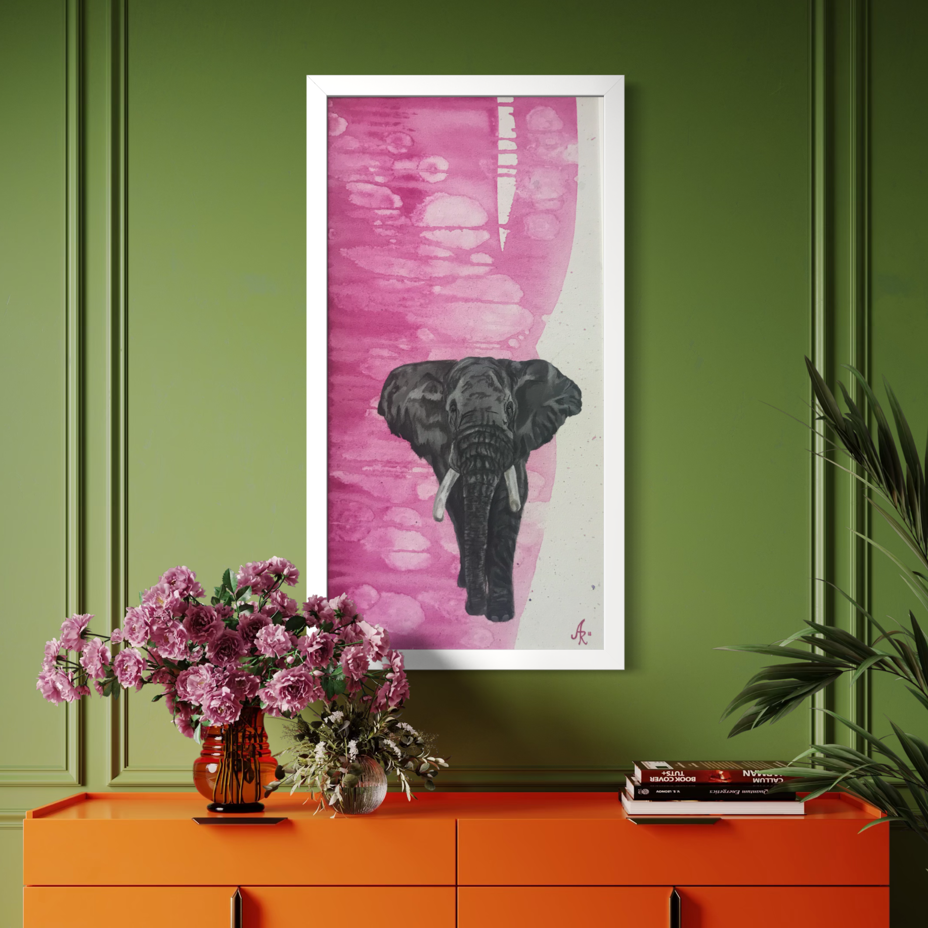 Original elephant painting framed 10x20 with pink abstract background modern animal wall art