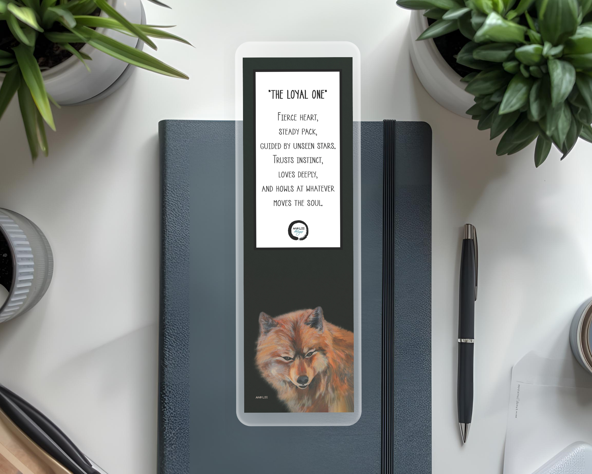 Wolf_Dreamer_Bookmark  on dark gray journal Mockup.png