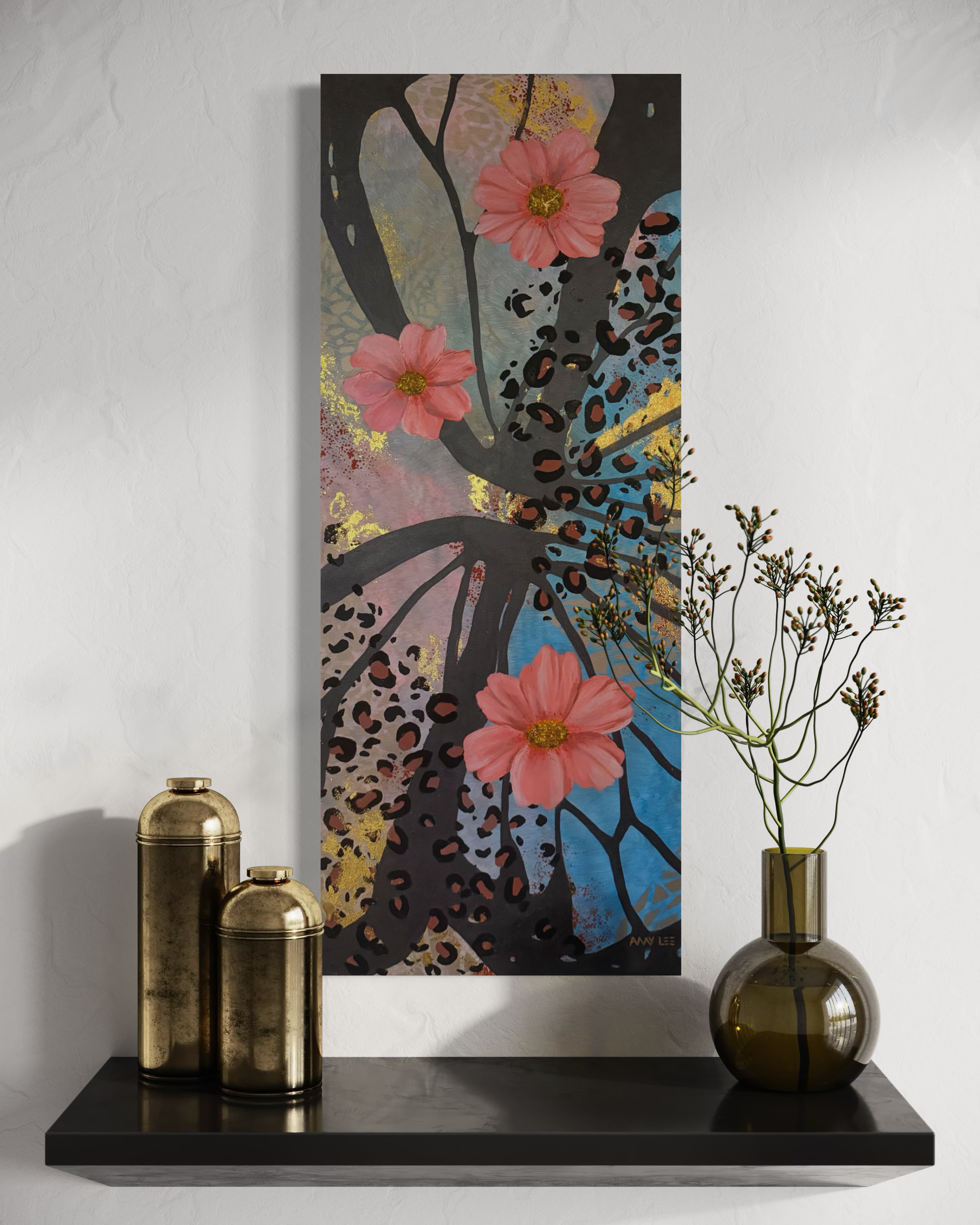 original abstract painting with soft florals and bold pattern