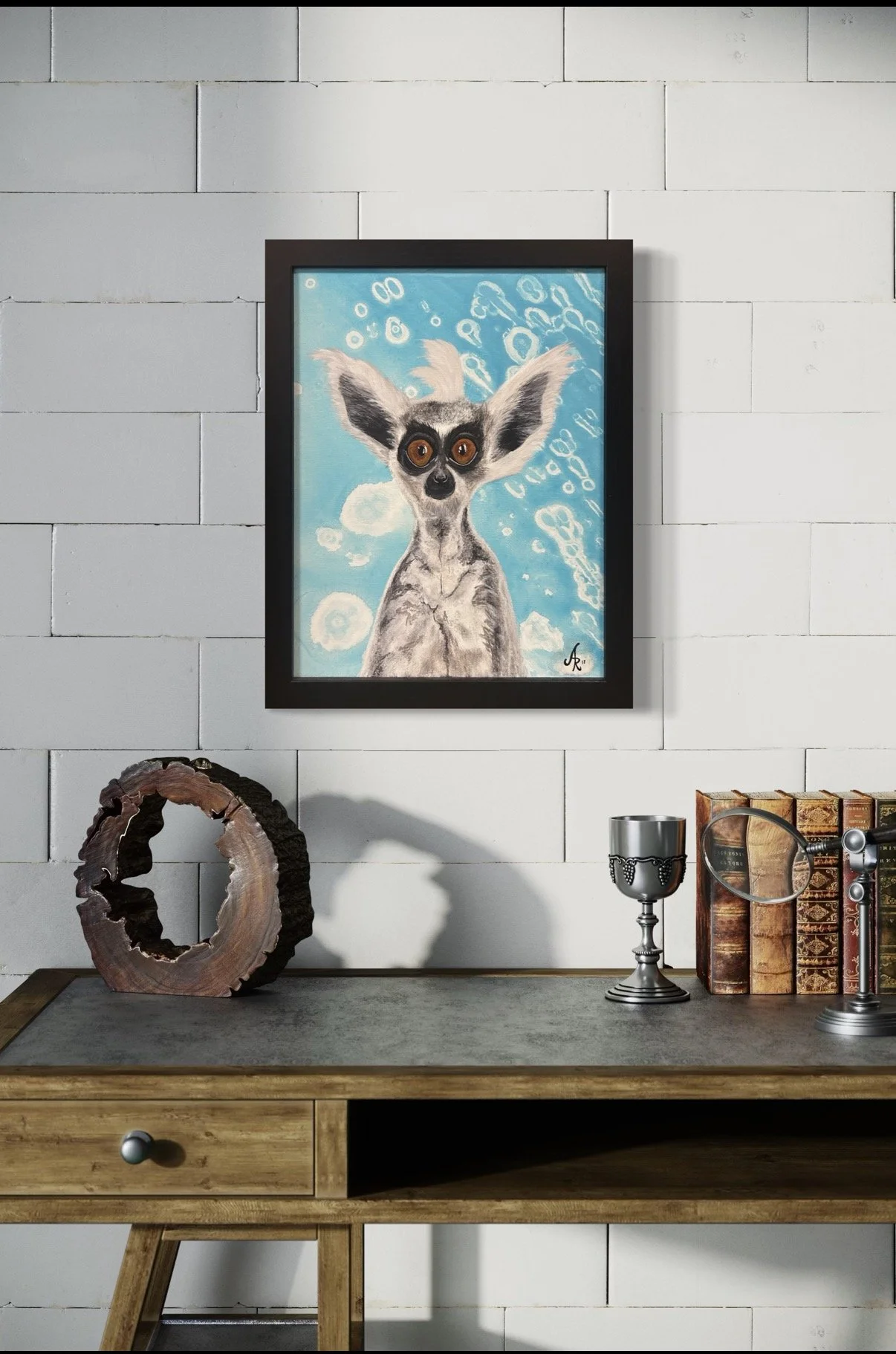 "Monday Morning", Lemur Painting, Original Acrylic Art, 11" x 14", Framed