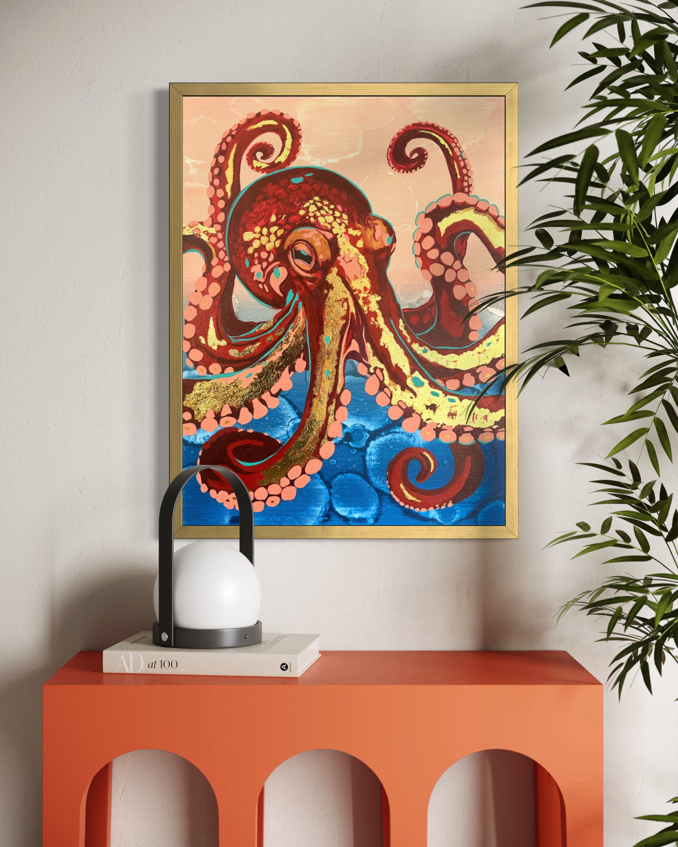 framed octopus painting with gold accents ocean inspired art