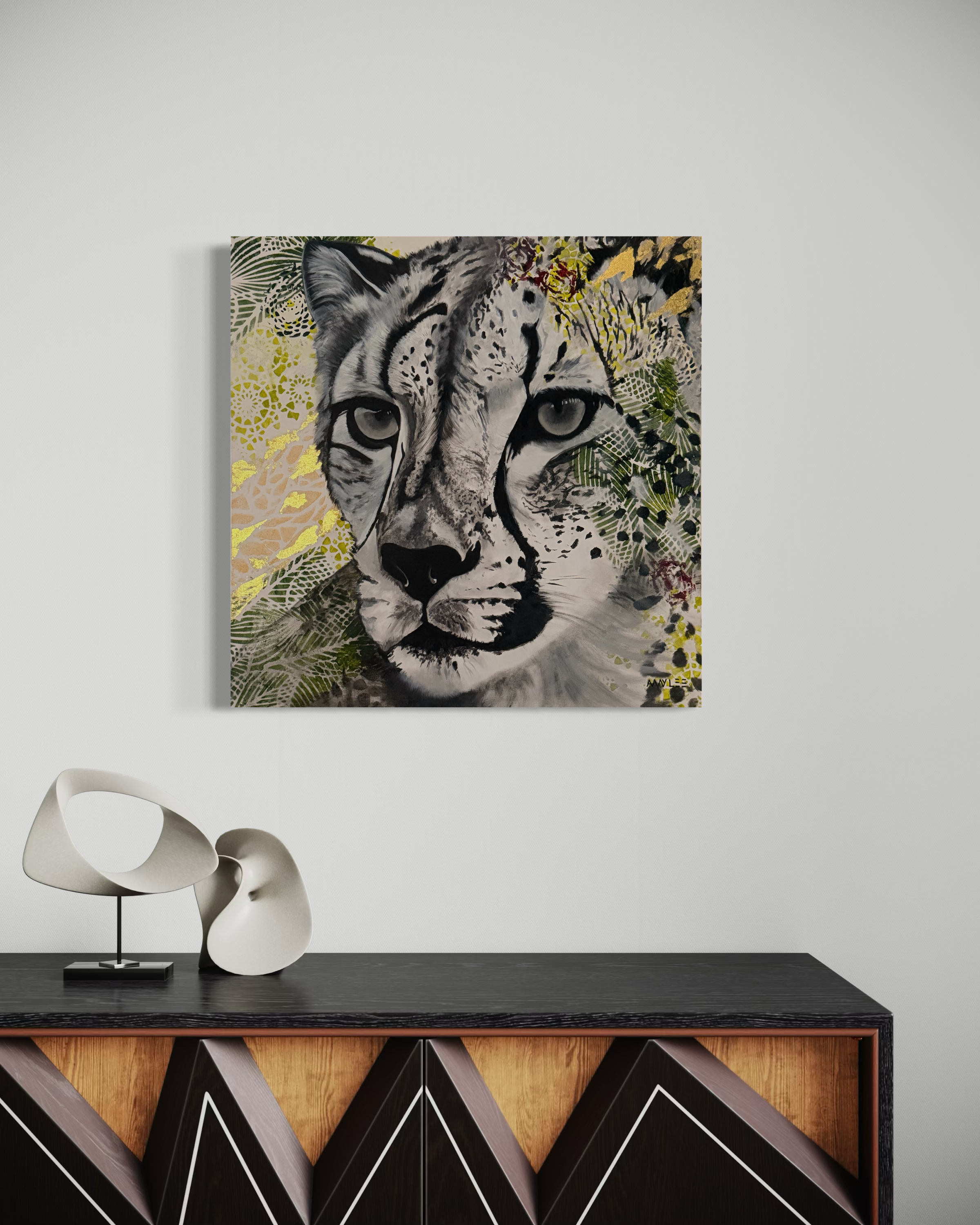 Original cheetah painting 24x24 black and white with gold accents modern animal wall art
