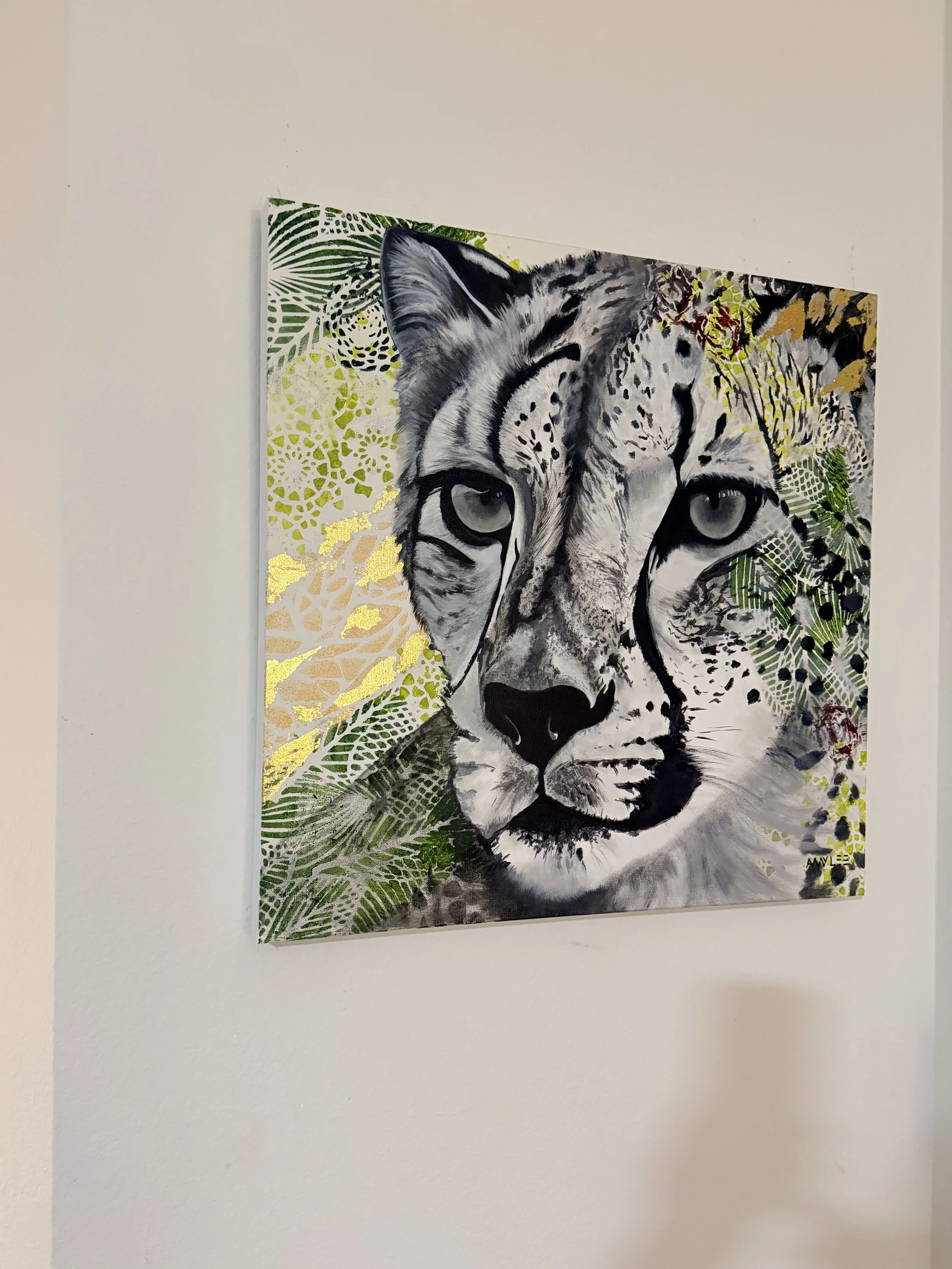 Original cheetah painting 24x24 black and white with gold accents modern animal wall art