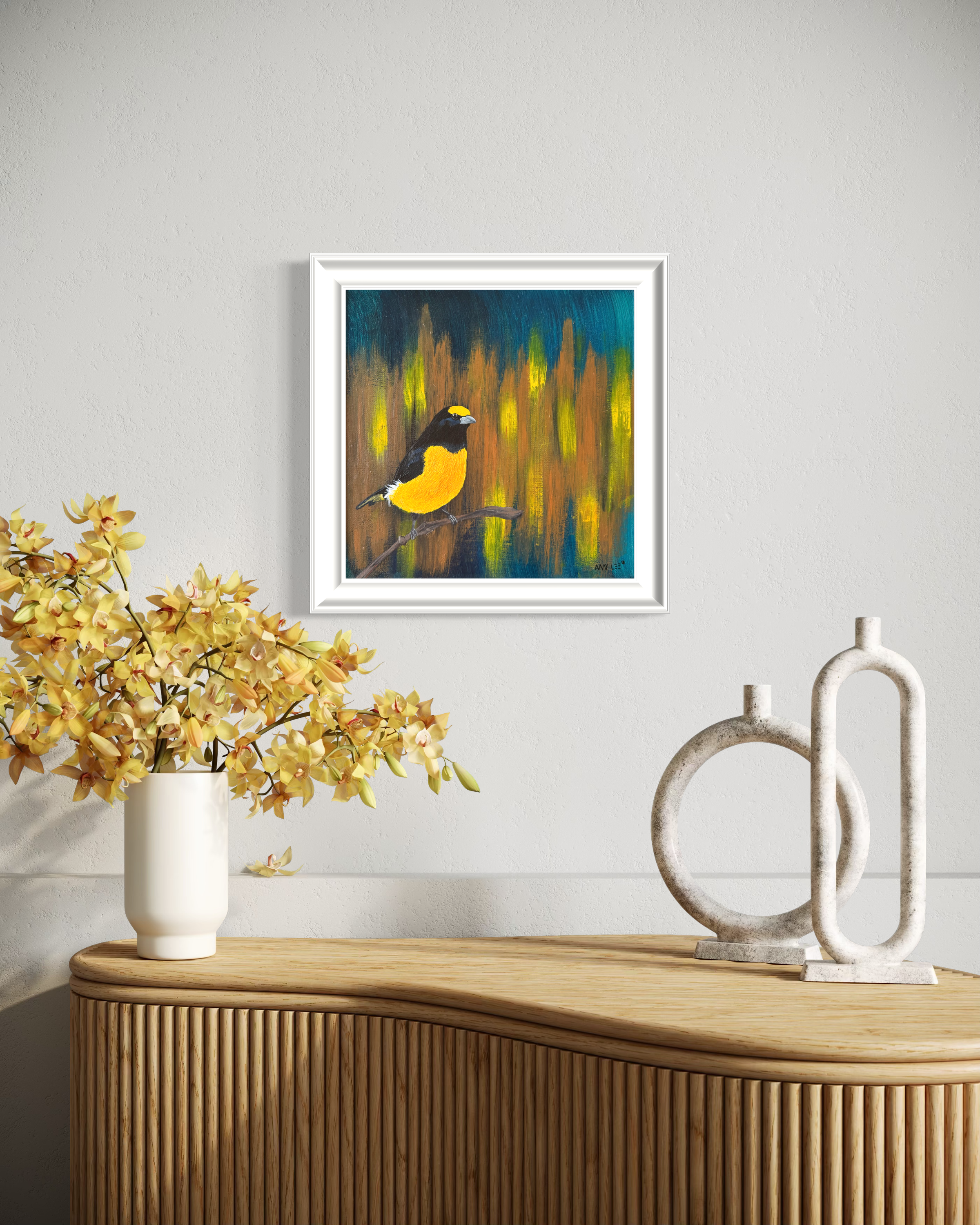 Original yellow bird painting on branch with layered abstract background
