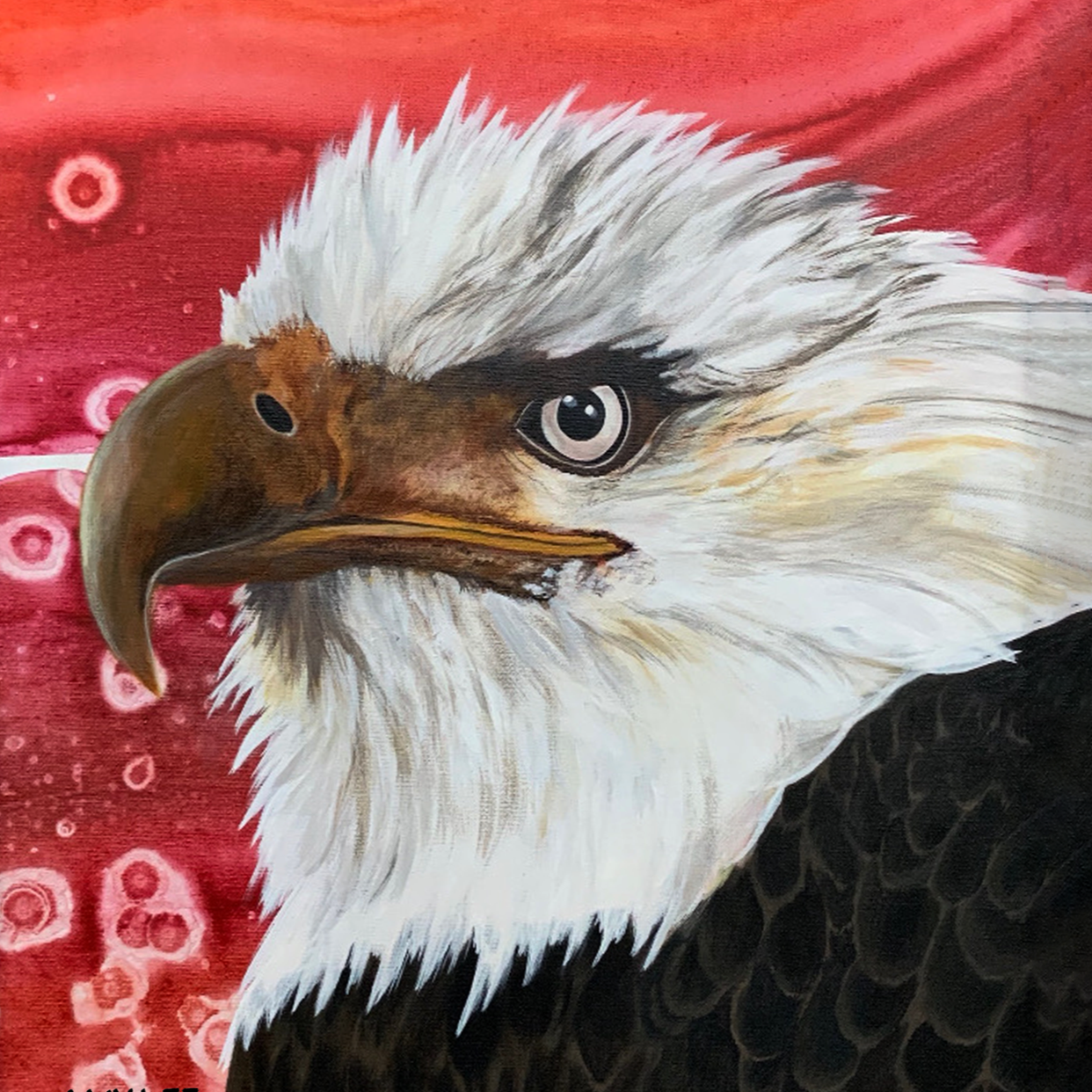 Close-up of a painted eagle's head with a red background and circular patterns.