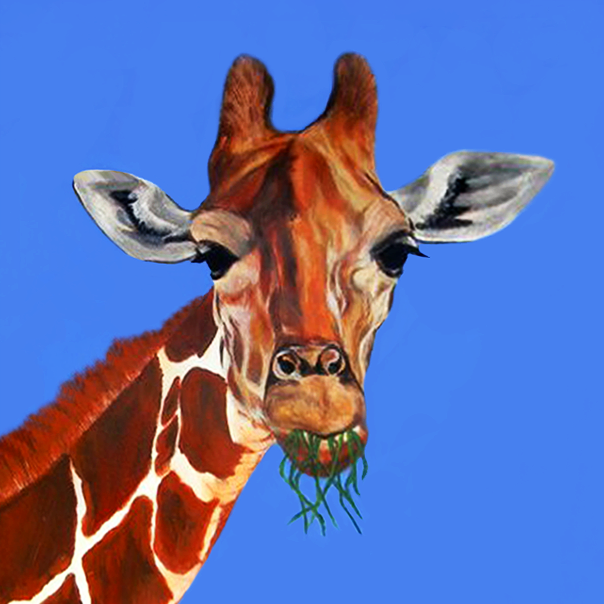 A digital painting of a giraffe with a piece of grass hanging from its mouth, set against a clear blue sky.