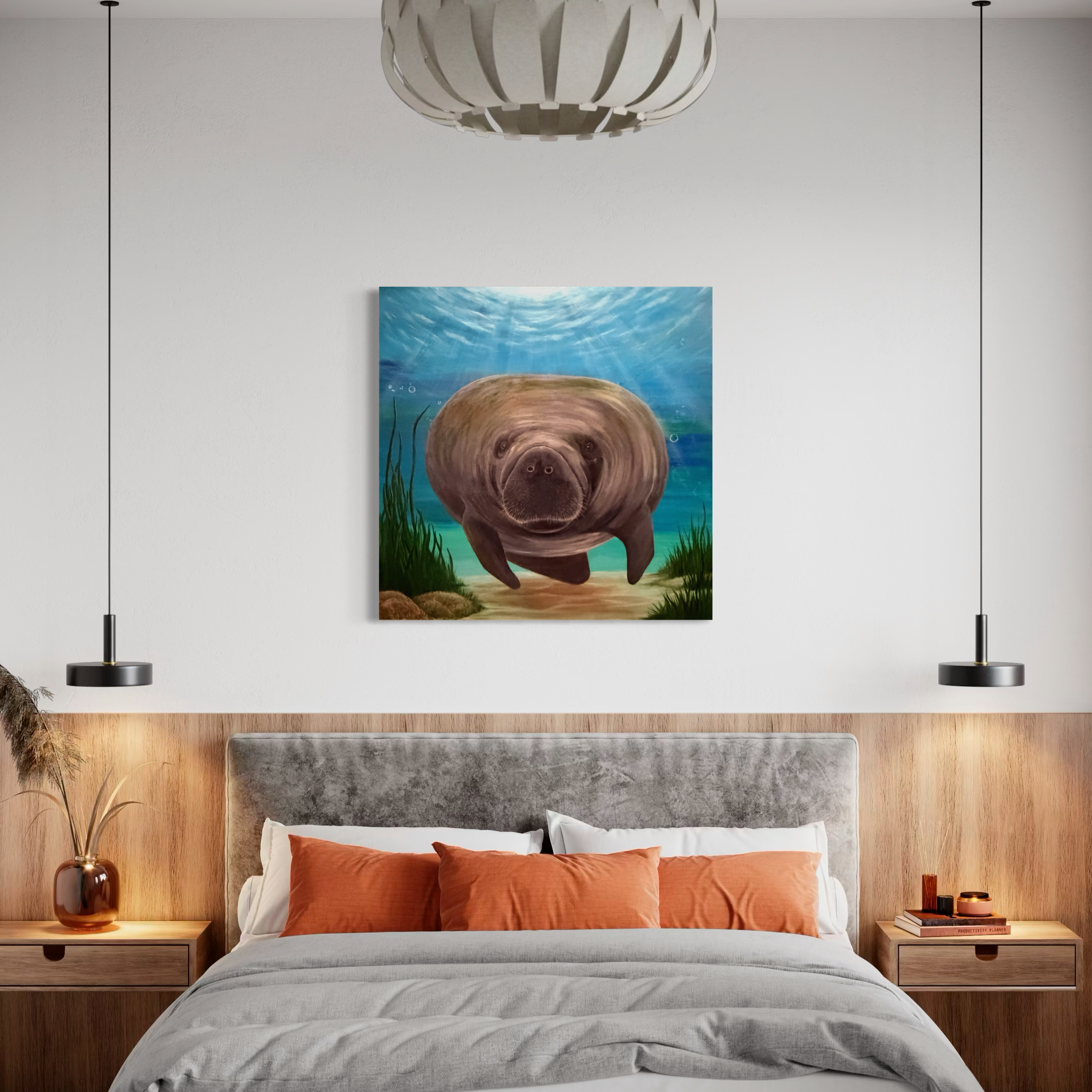 Original manatee painting 36x36 with blue ocean background coastal wall art serene marine life artwork