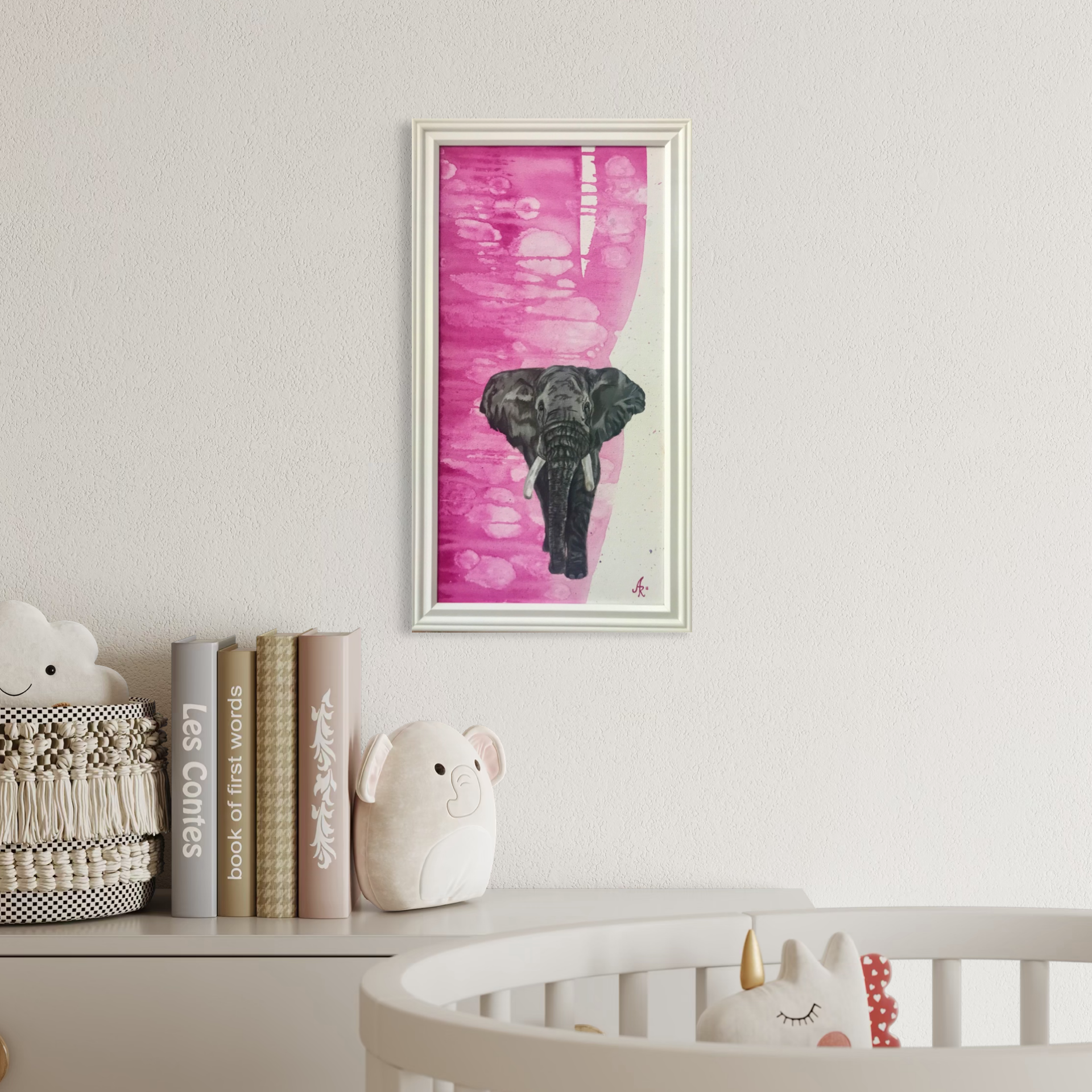 Original elephant painting framed 10x20 with pink abstract background modern animal wall art