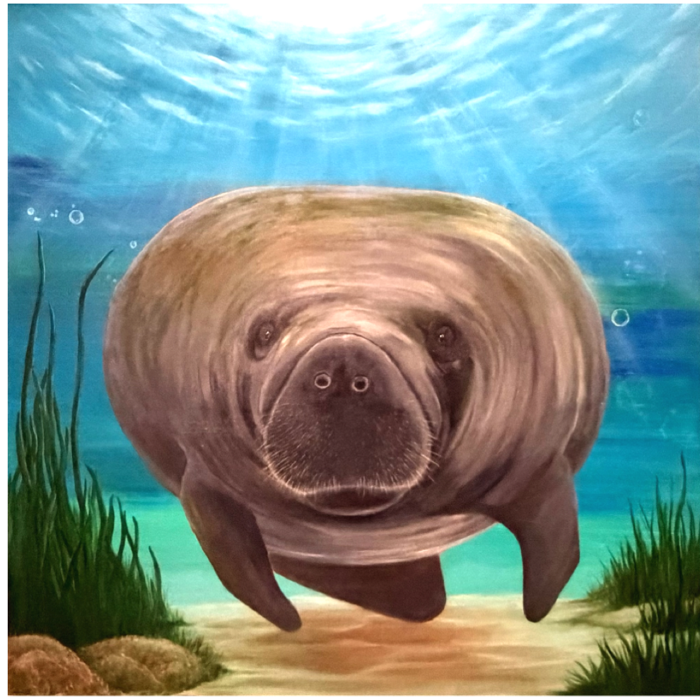 Original manatee painting 36x36 with blue ocean background coastal wall art serene marine life artwork