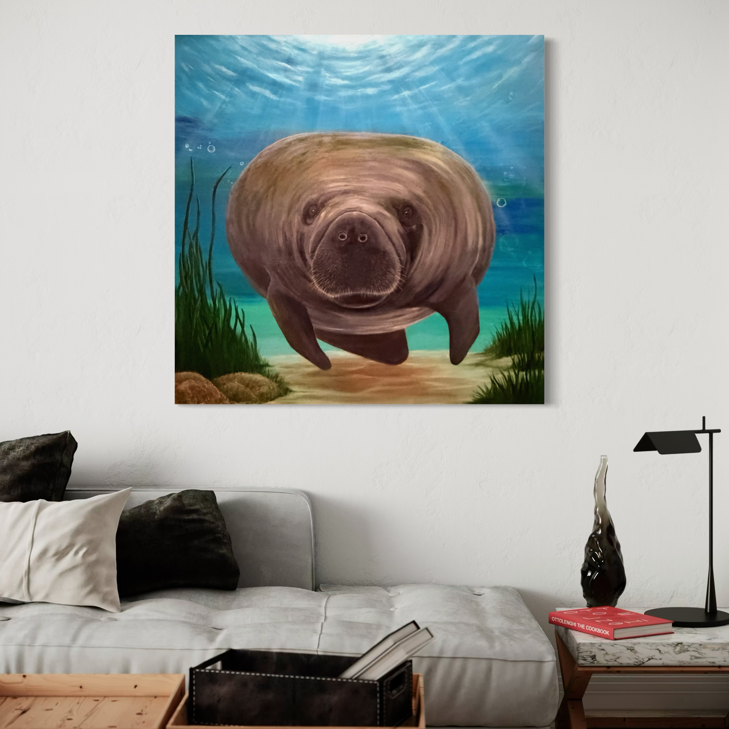 Original manatee painting 36x36 with blue ocean background coastal wall art serene marine life artwork