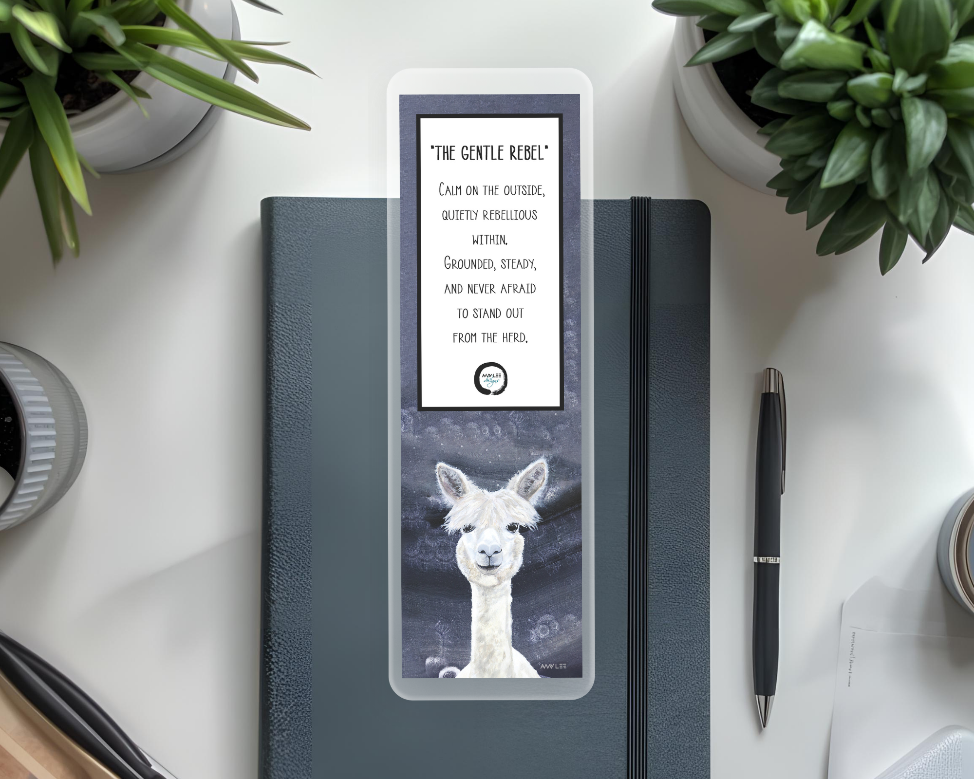 Alpaca_Dreamer_Bookmark  on dark gray journal Mockup.png