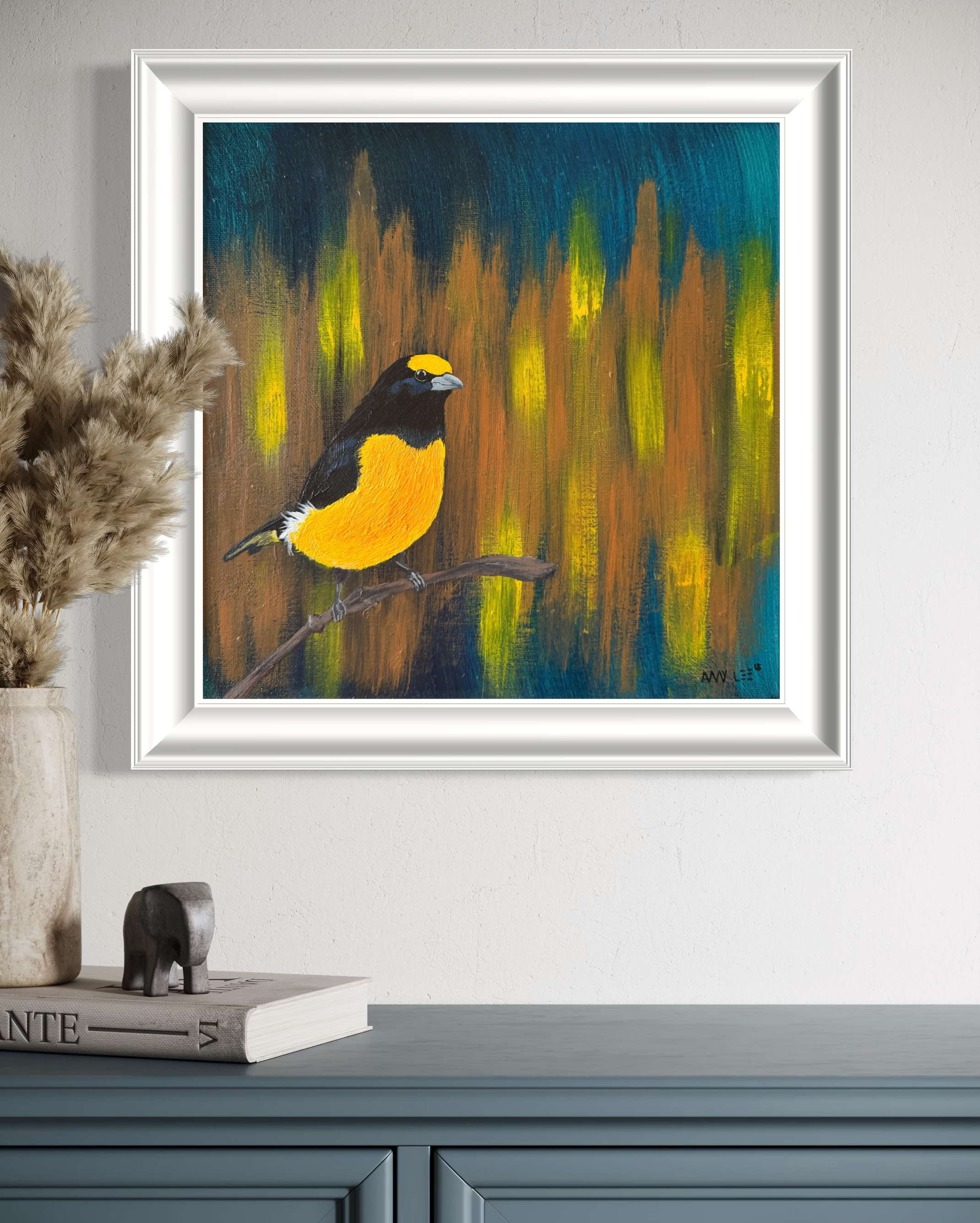 12x12 framed bird artwork with warm tones and modern style