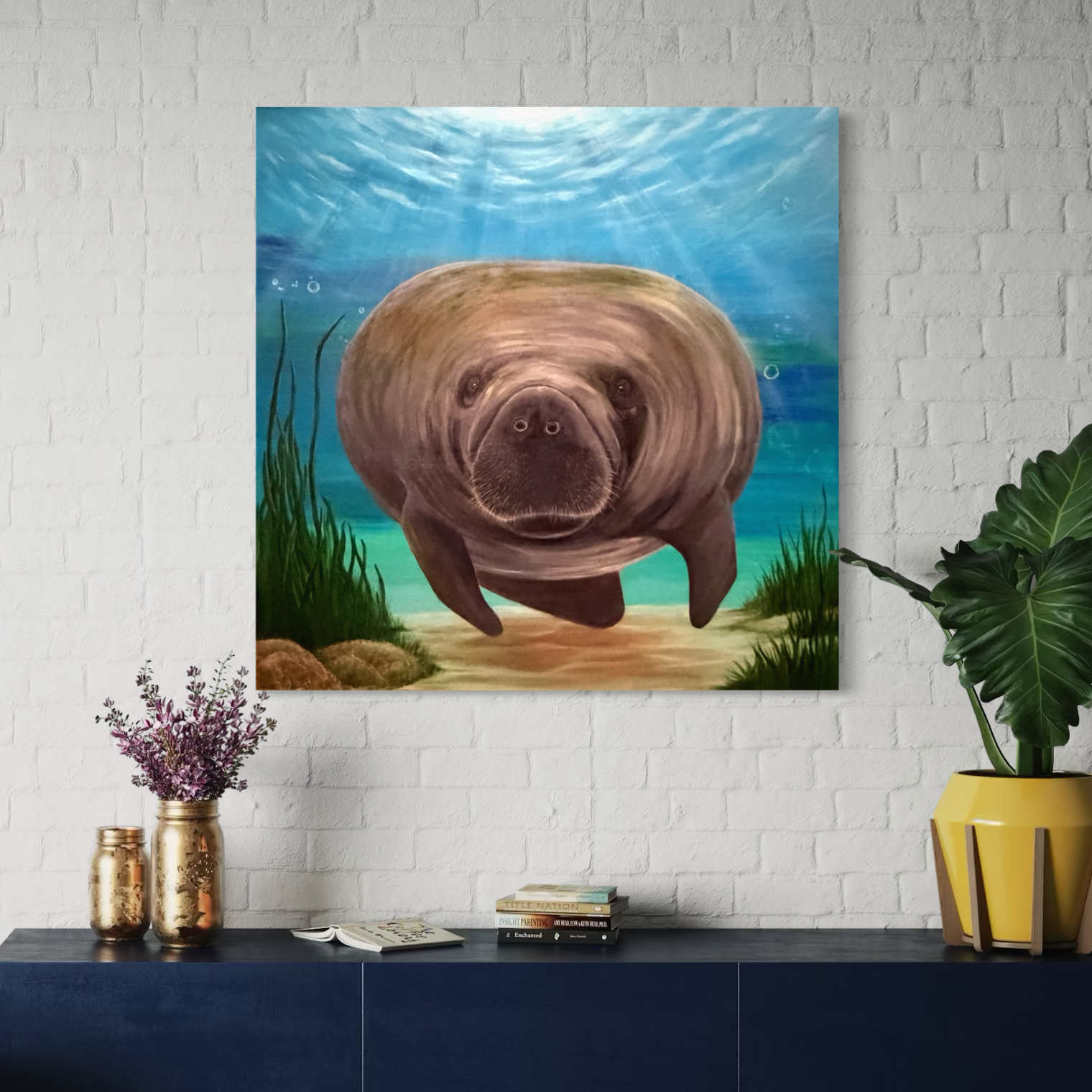Original manatee painting 36x36 with blue ocean background coastal wall art serene marine life artwork
